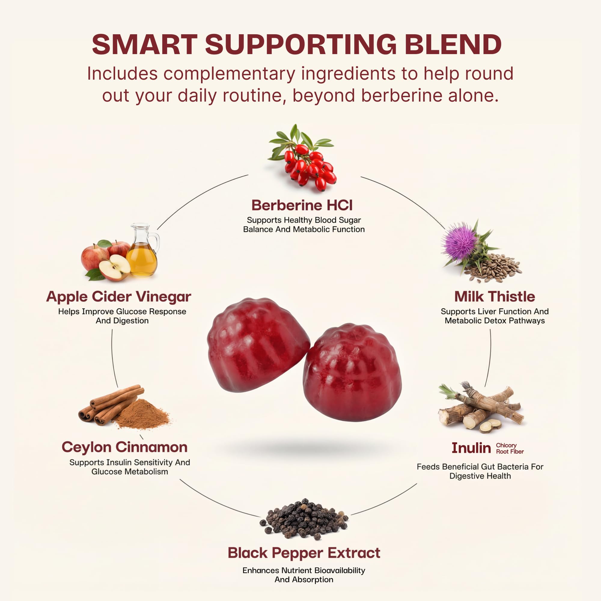 Berberine HCL 500mg Gummies with Ceylon Cinnamon, Milk Thistle, Apple Cider Vinegar & Inulin Fiber - Zero Sugar Vegan Non-GMO Supplement - 60 Count