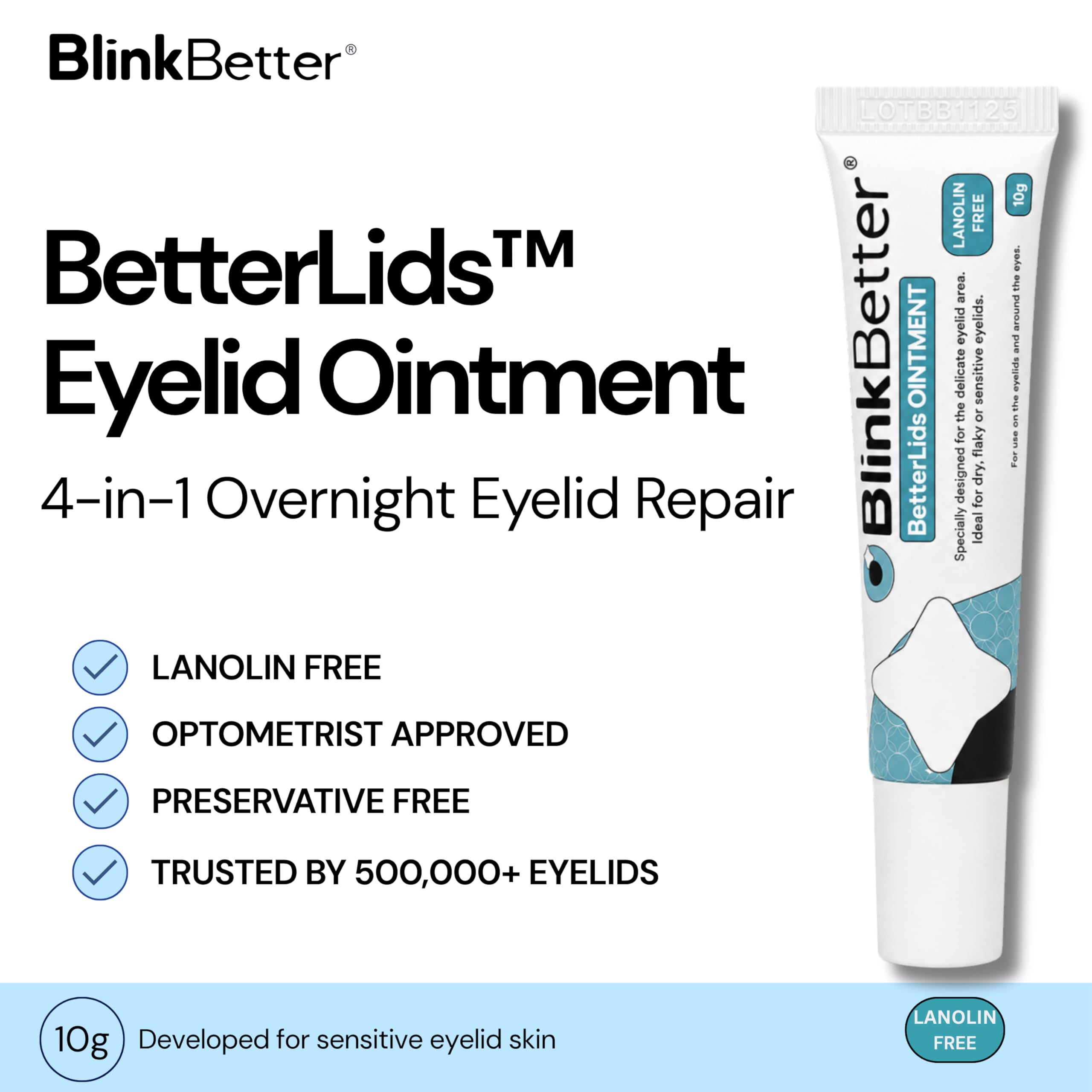 BlinkBetter Lanolin Free Eyelid Ointment 10g – For Sensitive & Dry Eyelids - Hydrates, Nourishes & Soothes – Moisturising Care for Dry, Itchy, Red, Sensitive, Flaky Skin Around the Eyes