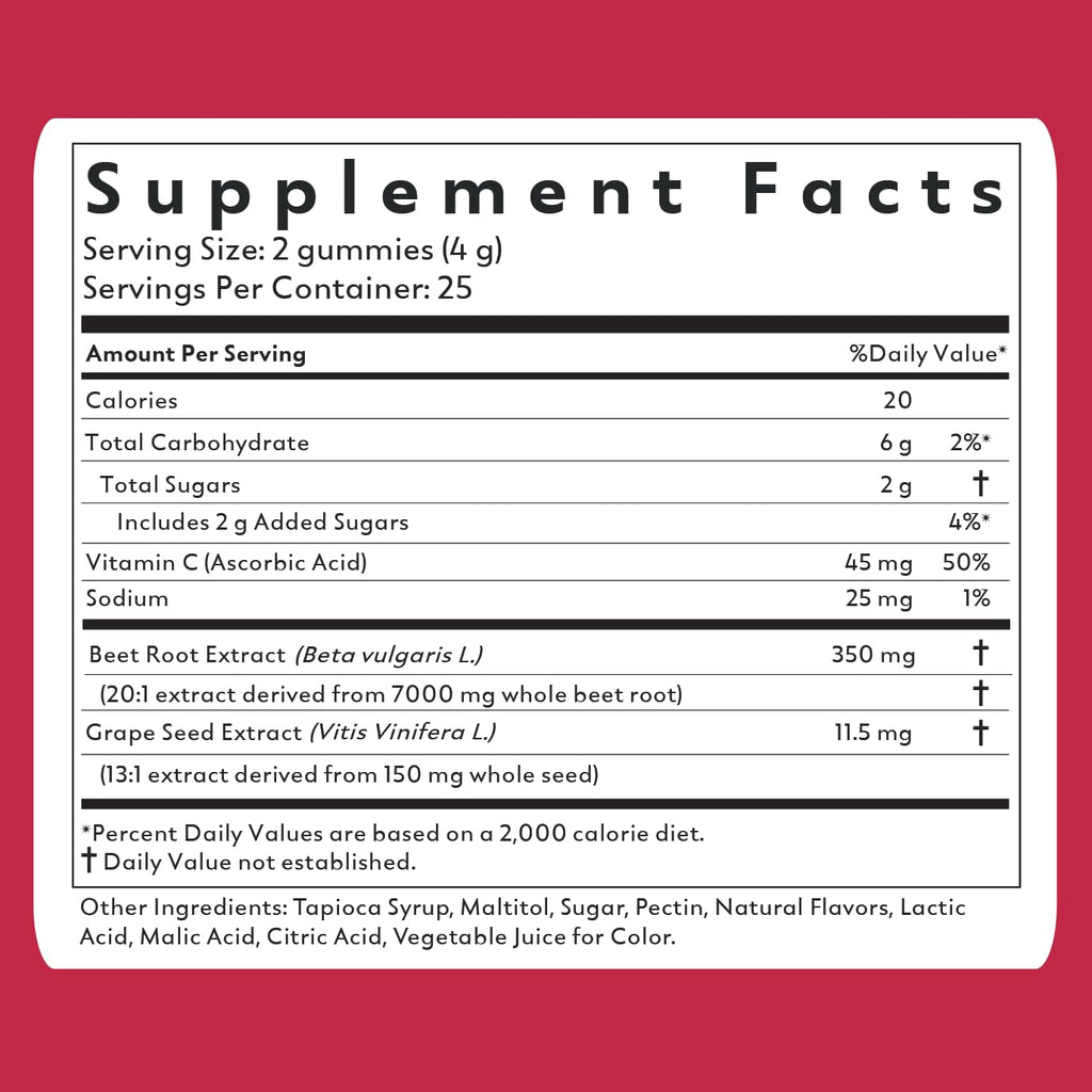Beets+ Gummies - Premium Beet Root Powder, Grape Seed Extract and Vitamin C - Supports Healthy Blood Pressure and Heart Health - Low Sugar Nitric Oxide and Circulation Supplement - 50 Gummies