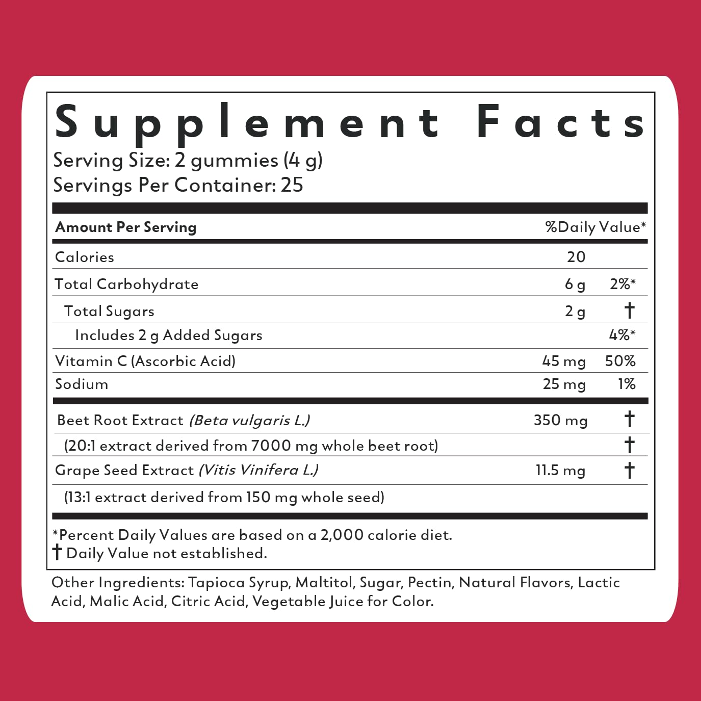Beets+ Gummies - Premium Beet Root Powder, Grape Seed Extract and Vitamin C - Supports Healthy Blood Pressure and Heart Health - Low Sugar Nitric Oxide and Circulation Supplement - 50 Gummies