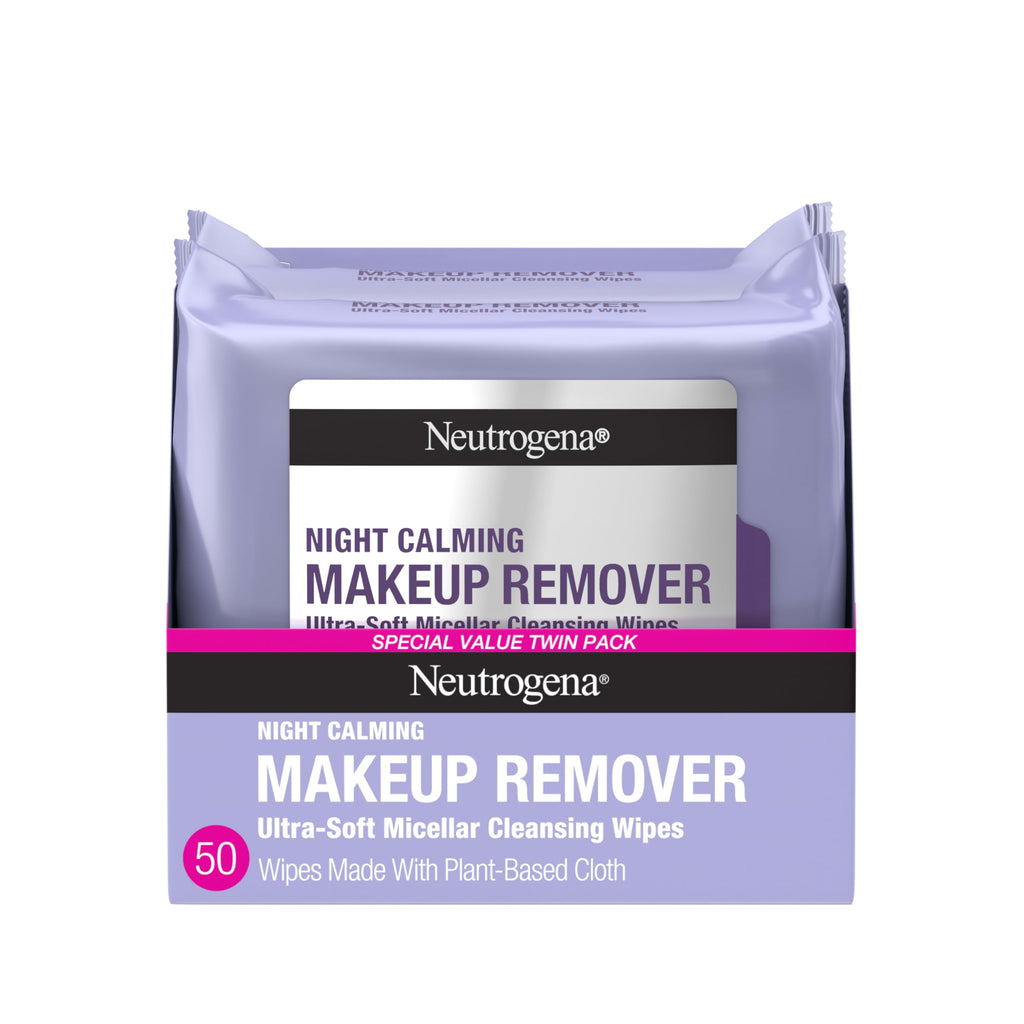 Neutrogena Night Calming Makeup Remover Face Wipes, 2 x 50 ct | Nighttime Cleansing Towelettes, Remove Sweat Dirt & Makeup, Hypoallergenic, 100% Plant Based Cloth