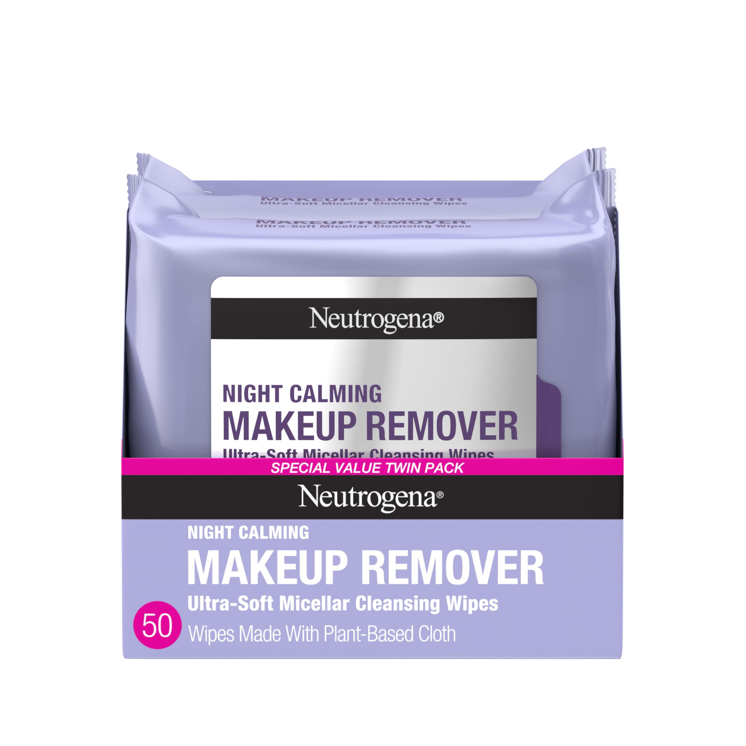 Neutrogena Night Calming Makeup Remover Face Wipes, 2 x 50 ct | Nighttime Cleansing Towelettes, Remove Sweat Dirt & Makeup, Hypoallergenic, 100% Plant Based Cloth