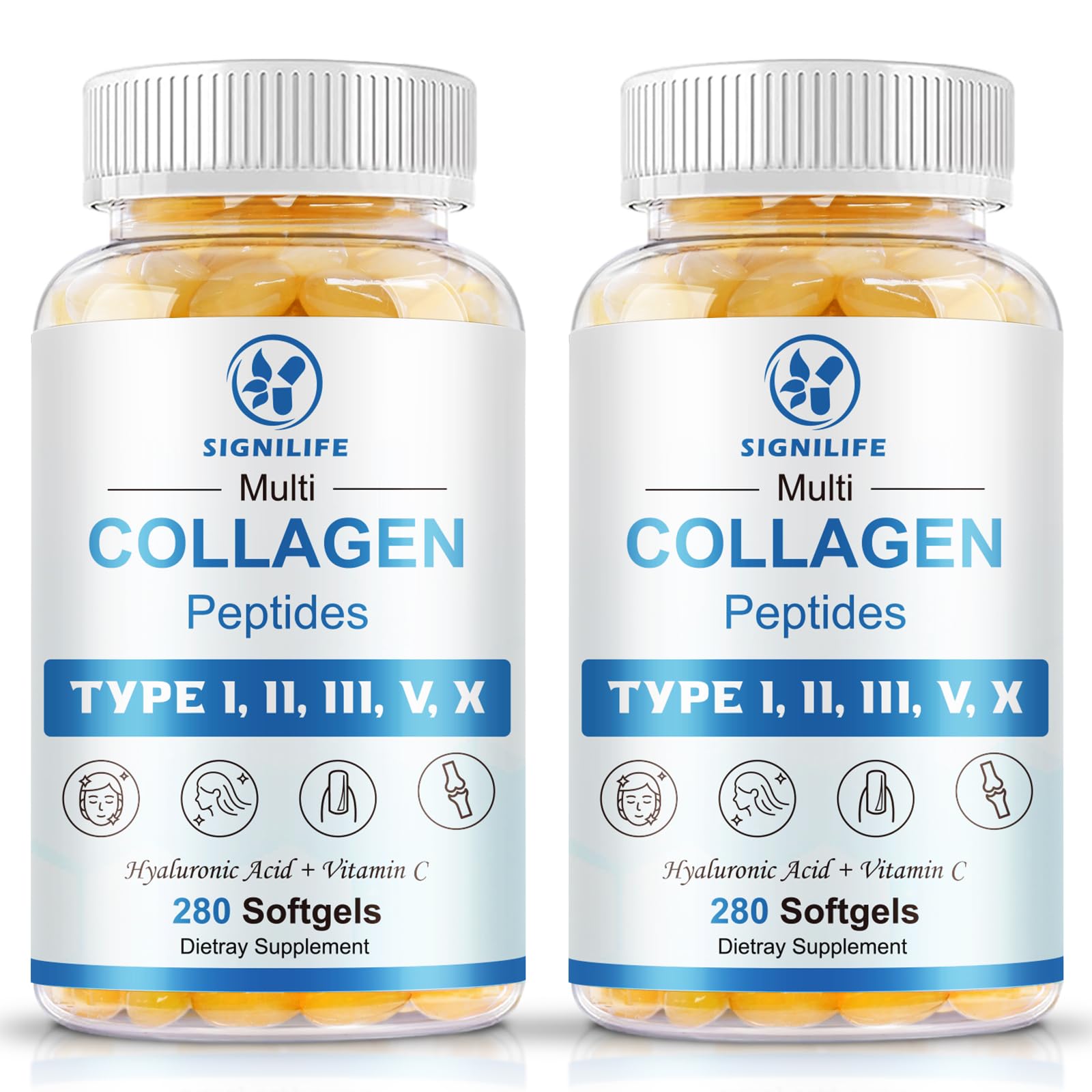 Multi Collagen Peptides for Women & Men-Type I, II, III, V, X | Hydrolyzed Collagen Peptides- with Hyaluronic Acid,Vitamin C,Biotin,Supports Skin Hair Nail, Non-GMO,280 Softgels