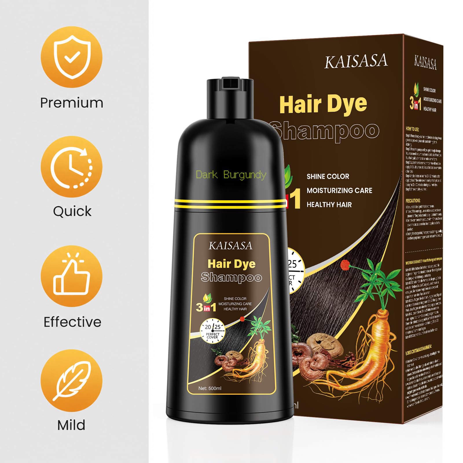KAISASA Dark Burgundy Hair Dye Shampoo 3 in 1 for Gray Hair, Women & Men | Easy-to-Use Hair Color Shampoo for Full Gray Coverage and Daily Hair Care