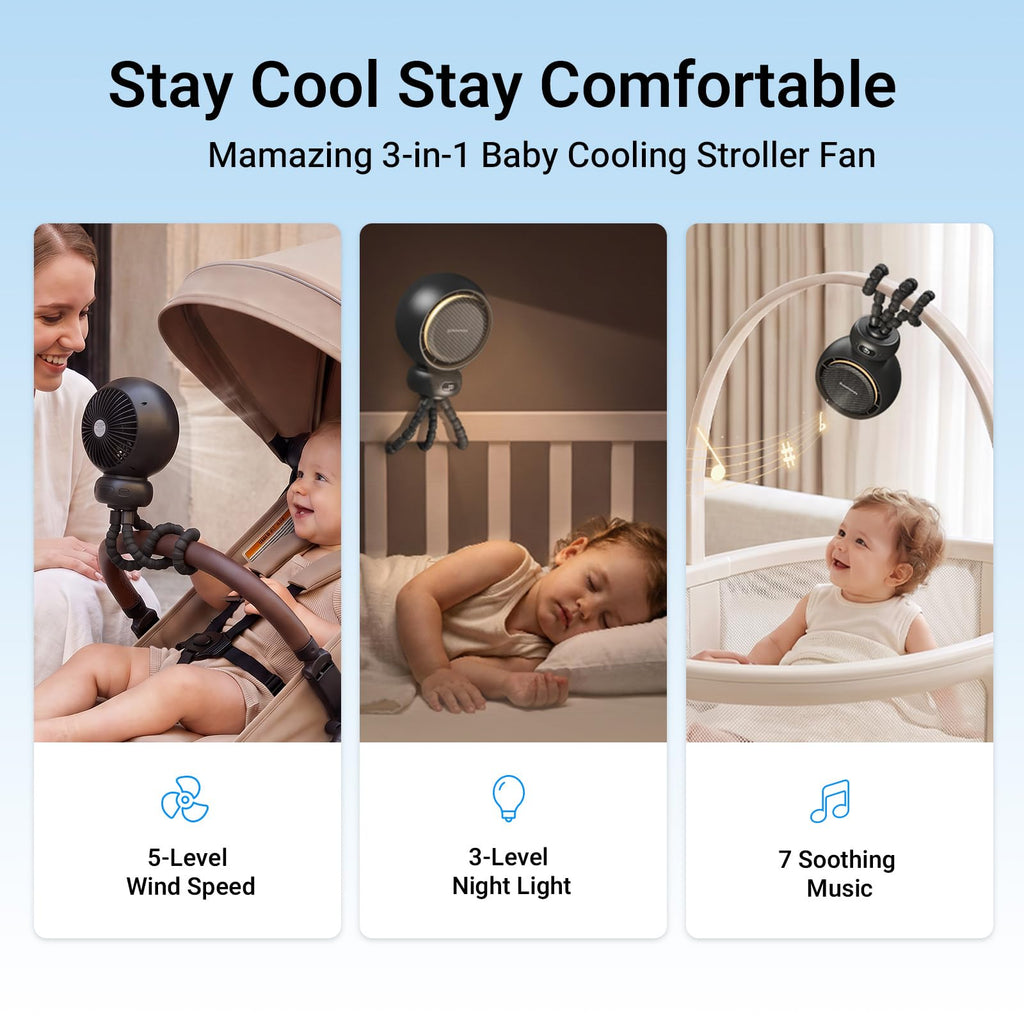 MAMAZING Portable Stroller Fan for Cooling, 70° Auto Oscillation, 5000mAh