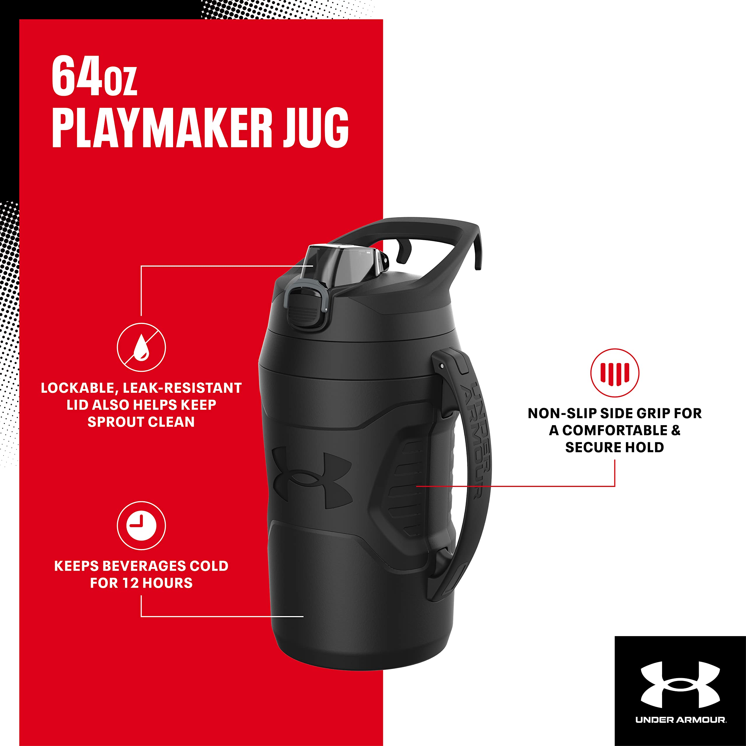 Buy now Under Armour Half Gallon Water Bottle Insulated, 64oz Insulated Water Bottle with Handle, Fence Hook, Leak Resistant, for Baseball, Football & More, Academy/Black at indiglob india