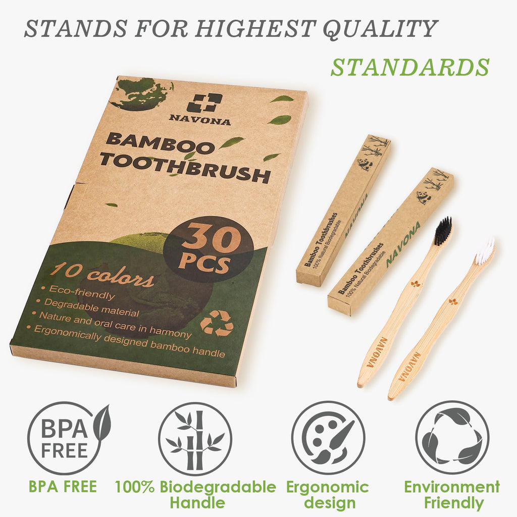 30 PCS Bamboo Toothbrushes, Individually Wrapped Wooden Toothbrushes Bulk