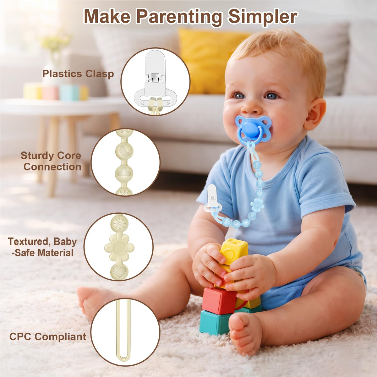 Silicone Baby Pacifier Clip Holder, One-Piece Beads, BPA Free