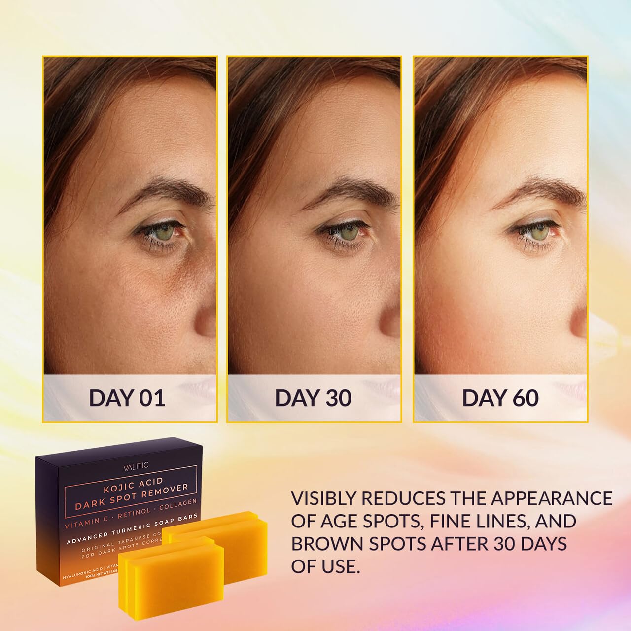 Buy now VALITIC Kojic Acid Dark Spot Remover Soap Bars with Vitamin C, Retinol, Collagen, Turmeric - Original Japanese Complex Infused Hyaluronic Acid, E, Shea Butter, Castile Olive Oil (4 Pack) at indiglob india