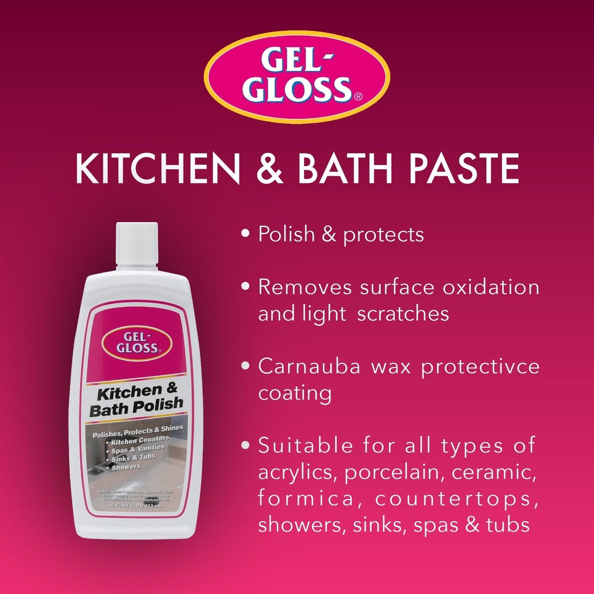 Gel-Gloss Home Kitchen & Bath Polish - Carnauba Wax Formulation, 16 oz.