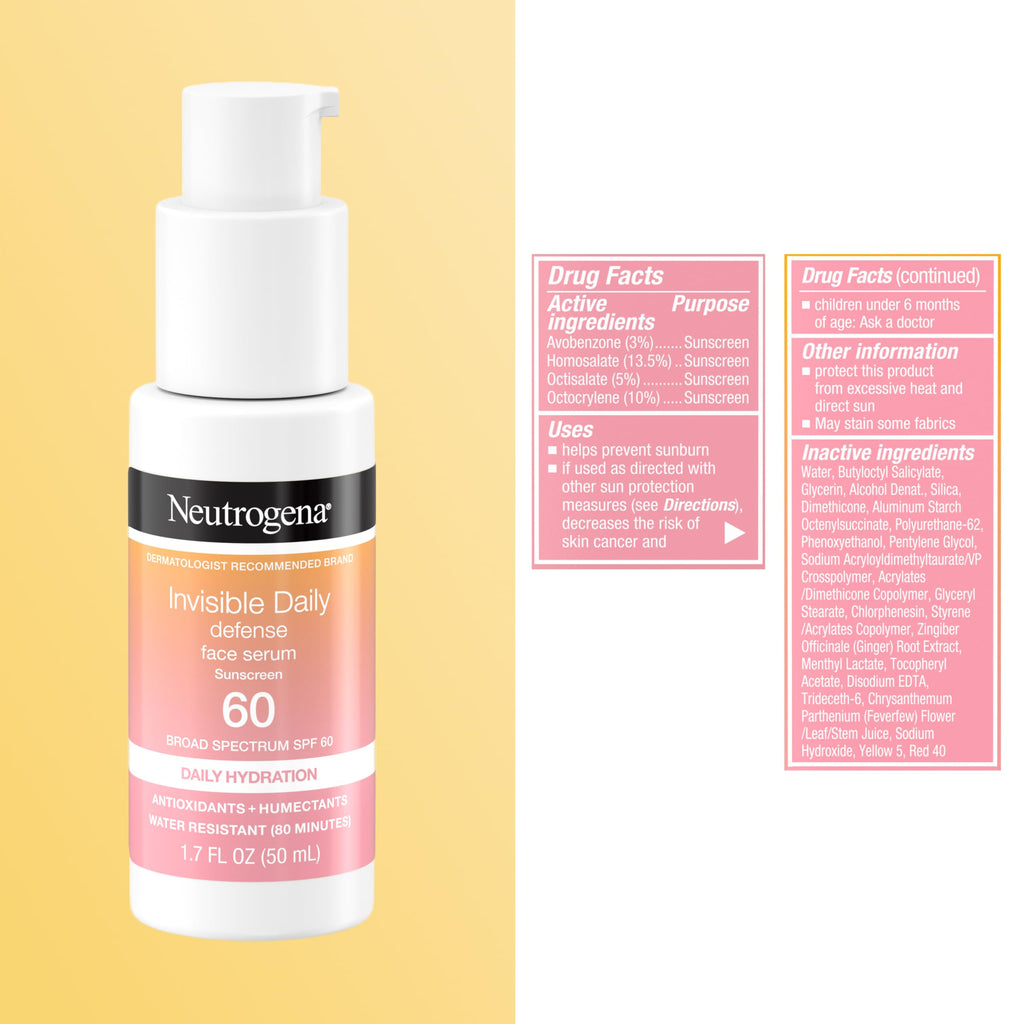 Neutrogena Invisible Defense Face Serum, SPF 60, Fragrance Free 1.7 fl. oz | Broad Spectrum Sunscreen, Hydrating Serum, Water-Resistant, Contains Antioxidants