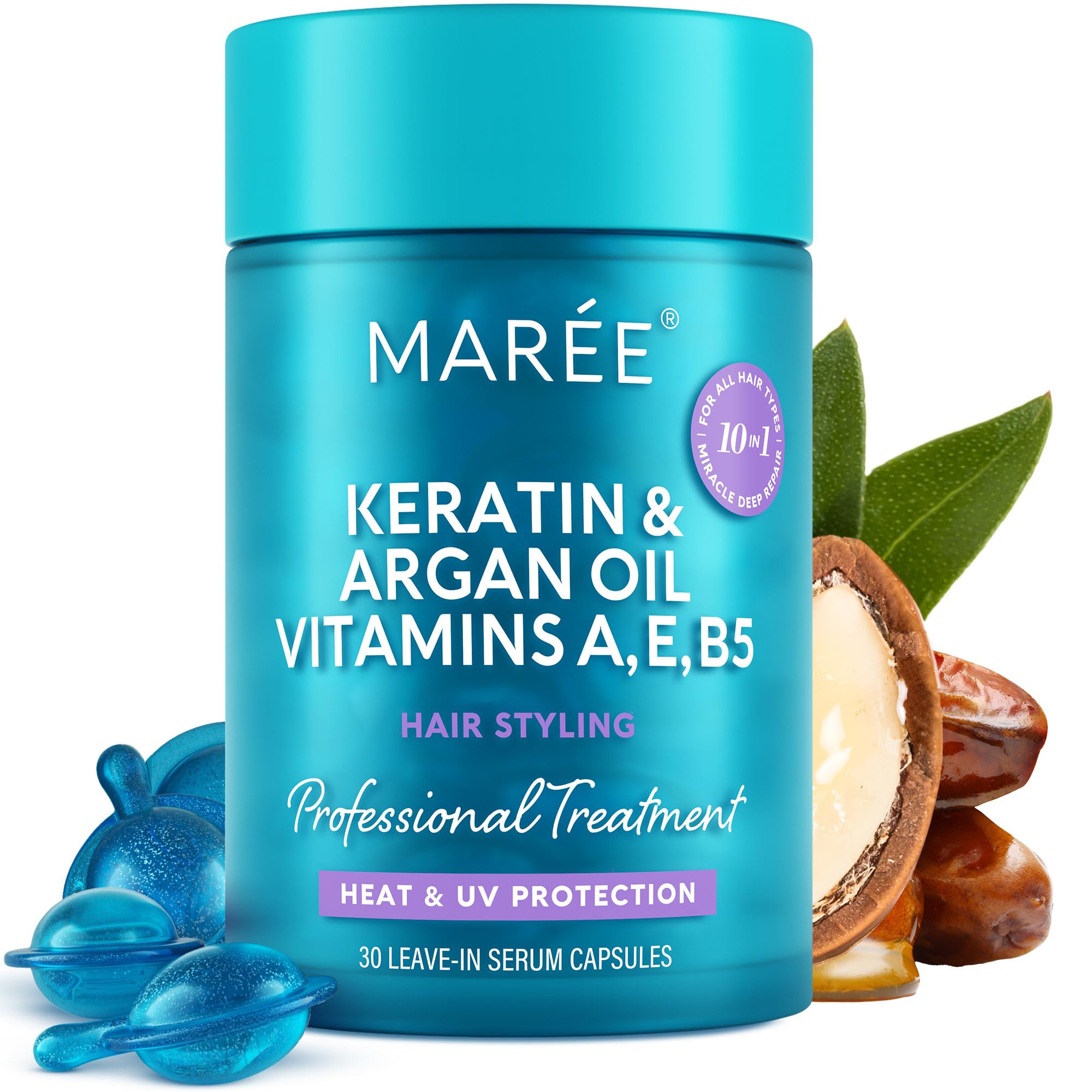 MAREE Hair Serum for Frizzy Dry Hair – Styling Capsules with Keratin, Argan Oil, Vitamins A E B5 – UV & Heat Protectant Frizz Control Serum for Women – Aceite Para el Cabello Treatment | for Frizzy