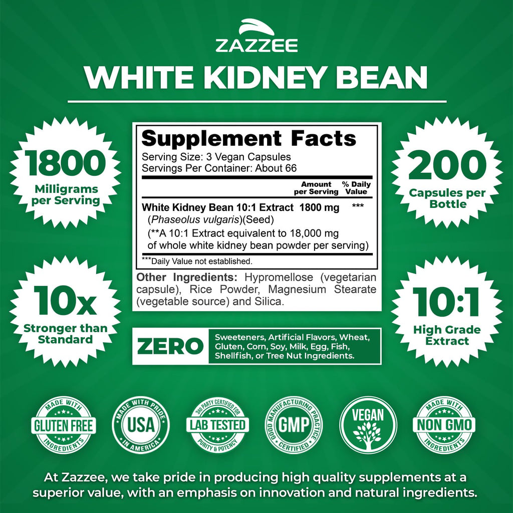 Zazzee White Kidney Bean 10:1 Extract, 1800 mg per Serving, 200 Capsules