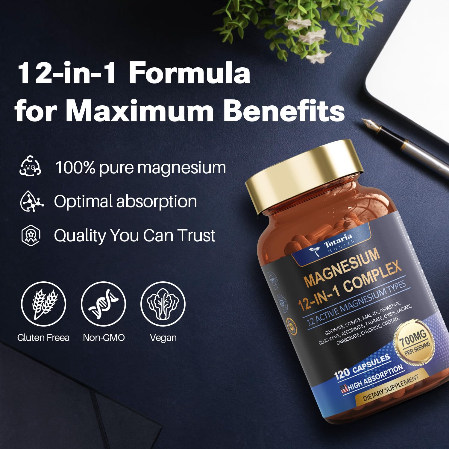 Magnesium Complex 700mg 12 in 1 Magnesium Supplement with Glycinate Citrate Malate Oxide Taurate Aspartate Orotate Magnesium Relaxation,Muscle,Heart Support, Vegan 120 Capsules 2PK