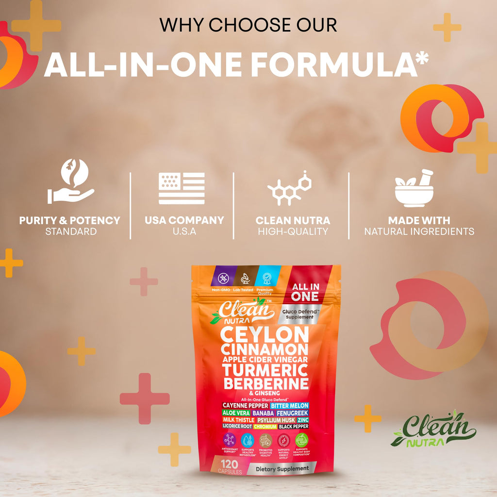 Ceylon Cinnamon Capsules + Apple Cider Vinegar Turmeric Berberine Supplement Ginseng Cayenne Pepper Bitter Melon Aloe Vera Fenugreek Milk Thistle Chromium 120 Pills Gluco Defend by Clean Nutra