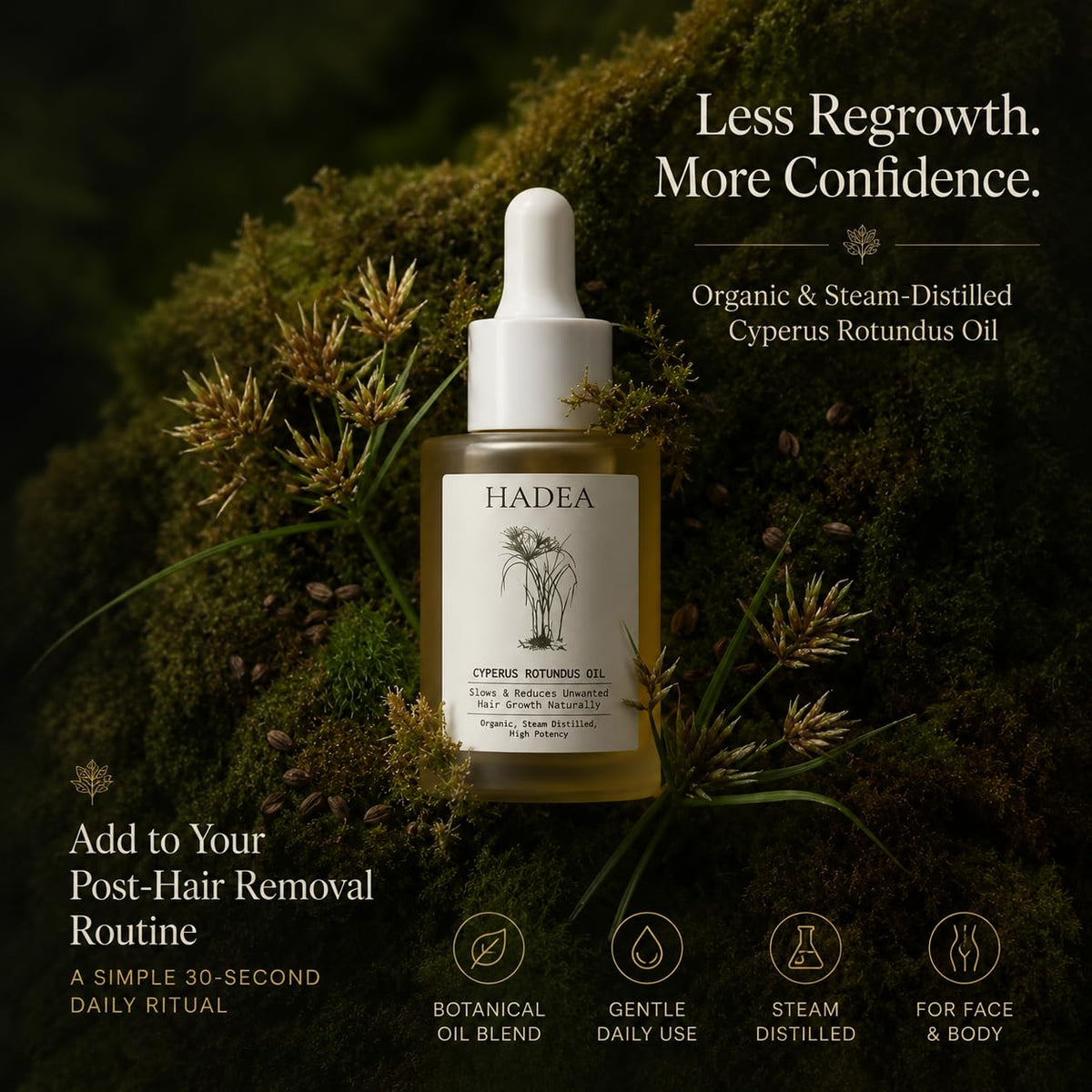 HADEA Cyperus Rotundus Oil to Reduce Hair Growth 100% Organic High-Potency Steam Distilled Cyprus Nutgrass Cypress Inhibitor | Cypress Rotundus Oil For Pcos, Hirsutism, Any Unwanted Hair 30ml