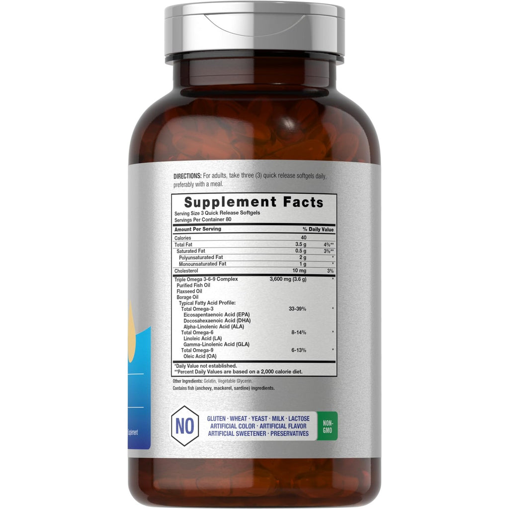 Horbäach Triple Omega 3-6-9 240 Softgels | from Fish, Flaxseed, Borage Oils | Non-GMO & Gluten Free