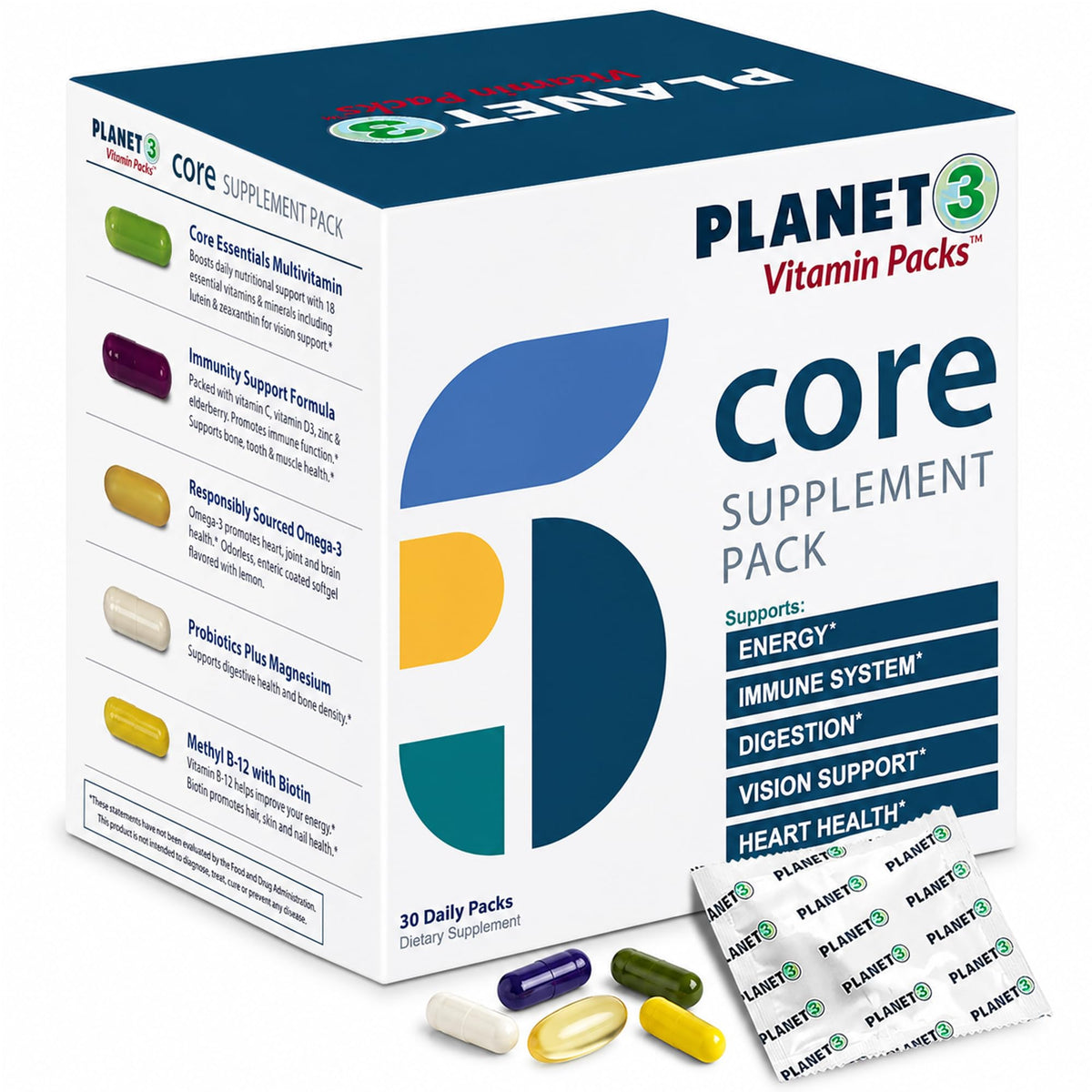 Daily Vitamin Packs for Men & Women – Immune, Energy & Heart Support with Vitamin D3, Omega-3, Probiotics, Methyl B12 & Vitamin C – Multivitamin with Lutein – Planet 3 Vitamin Packs, 30 Packets