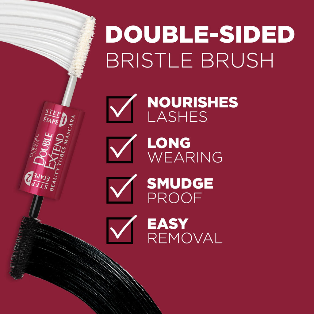 L'Oreal Paris Makeup Double Extend Tubing Mascara, Lengthening 2 Step Mascara, Smudgeproof, Black, Pack of 2
