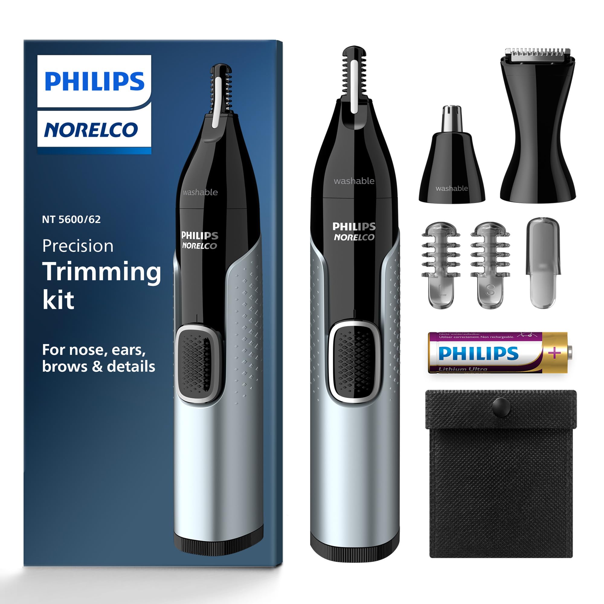Norelco Philips Nose Trimmer 5000 for Nose, Ears, Eyebrows & Details | Protective Guard System, Dual-Sided Steel Blades, Eyebrow Combs, Rotary & Detail Trimmer, Washable, AA Battery, NT5600/62