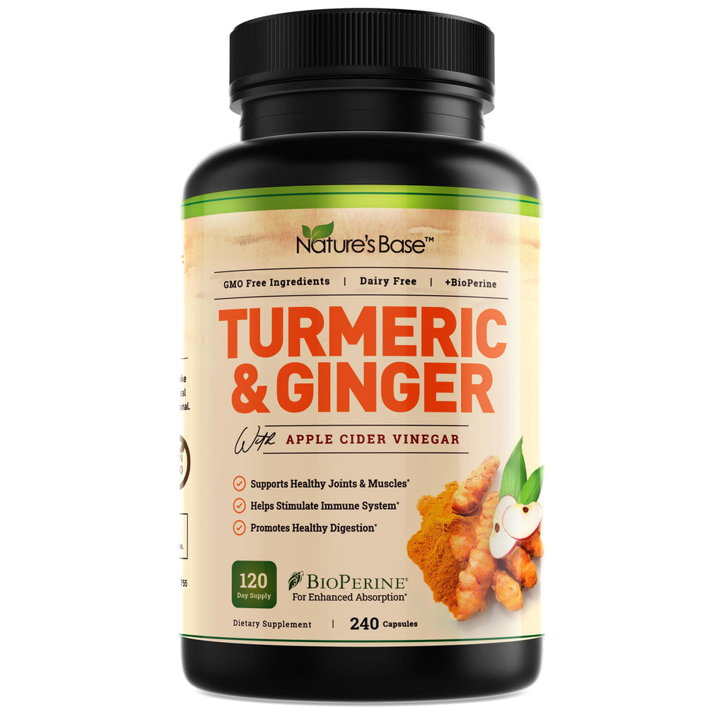 Nature's Base Turmeric and Ginger Supplement with Curcumin, ACV & BioPerine | Joint & Digestive Support, 95% Curcuminoids, Apple Cider Vinegar, Black Pepper Extract for Enhanced Absorption, 240 Capsules