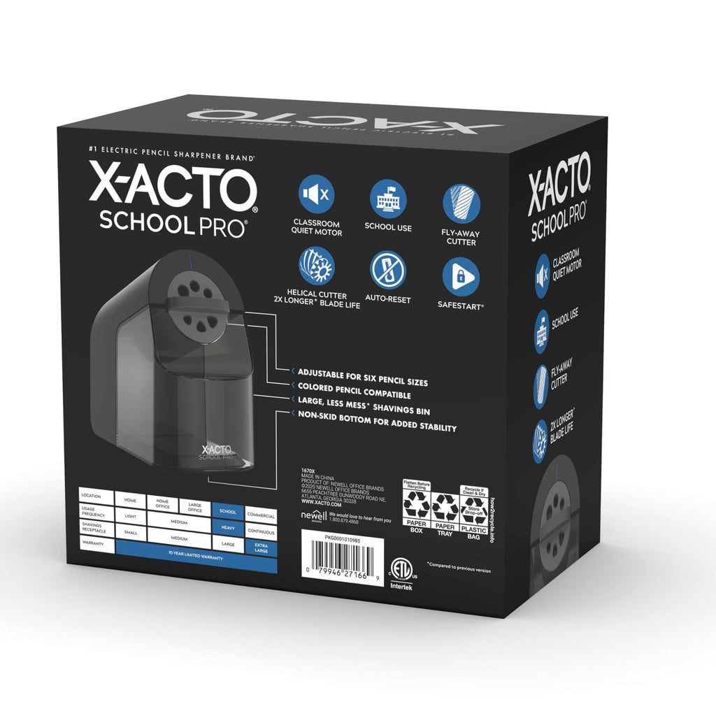 X-ACTO Pencil Sharpener, School Pro Electric Sharpener, Black, With Six Size Dial, XL Shavings Bin - Heavy Duty, Classroom Supplies
