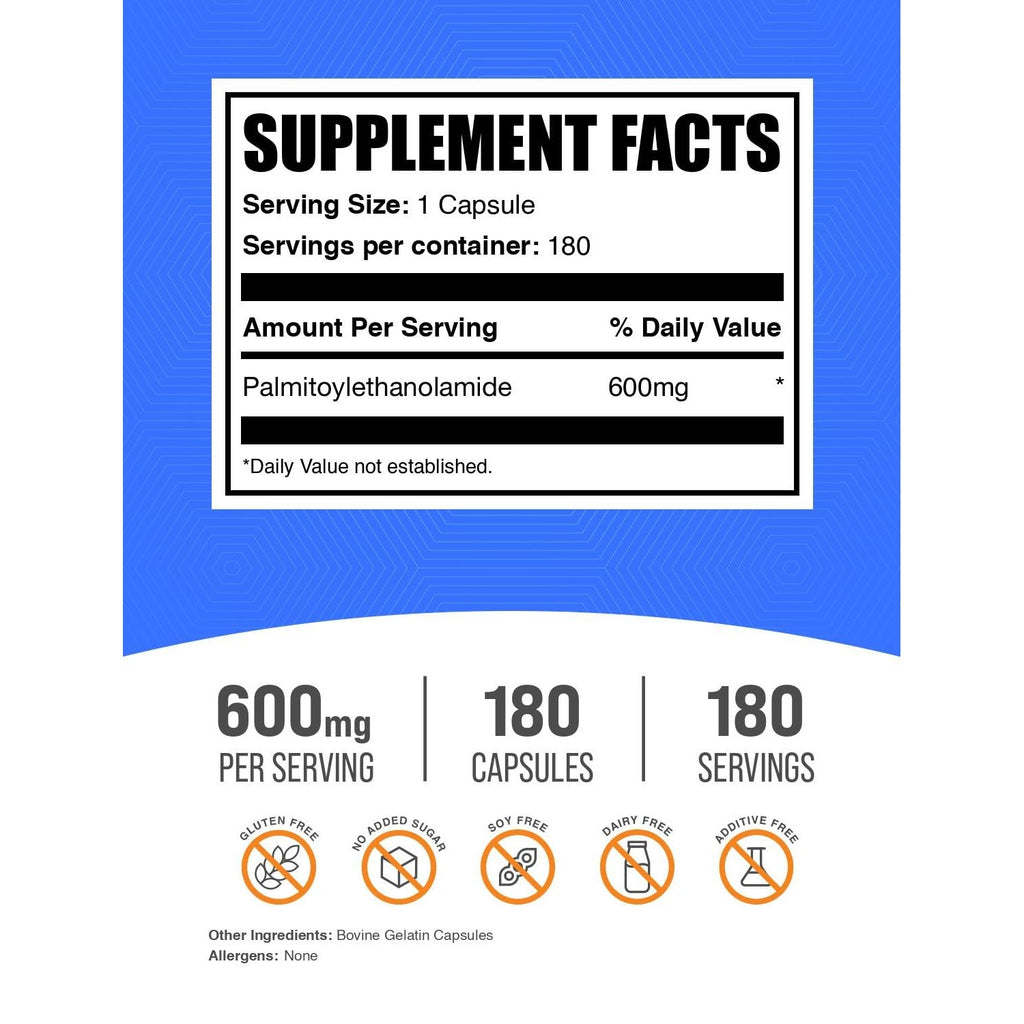 BulkSupplements.com Palmitoylethanolamide Capsules - Pea Supplement, Palmitoylethanolamide 600mg for Immmune Support - Gluten Free, 1 Capsule per Serving, 180 Capsules (Pack of 1)