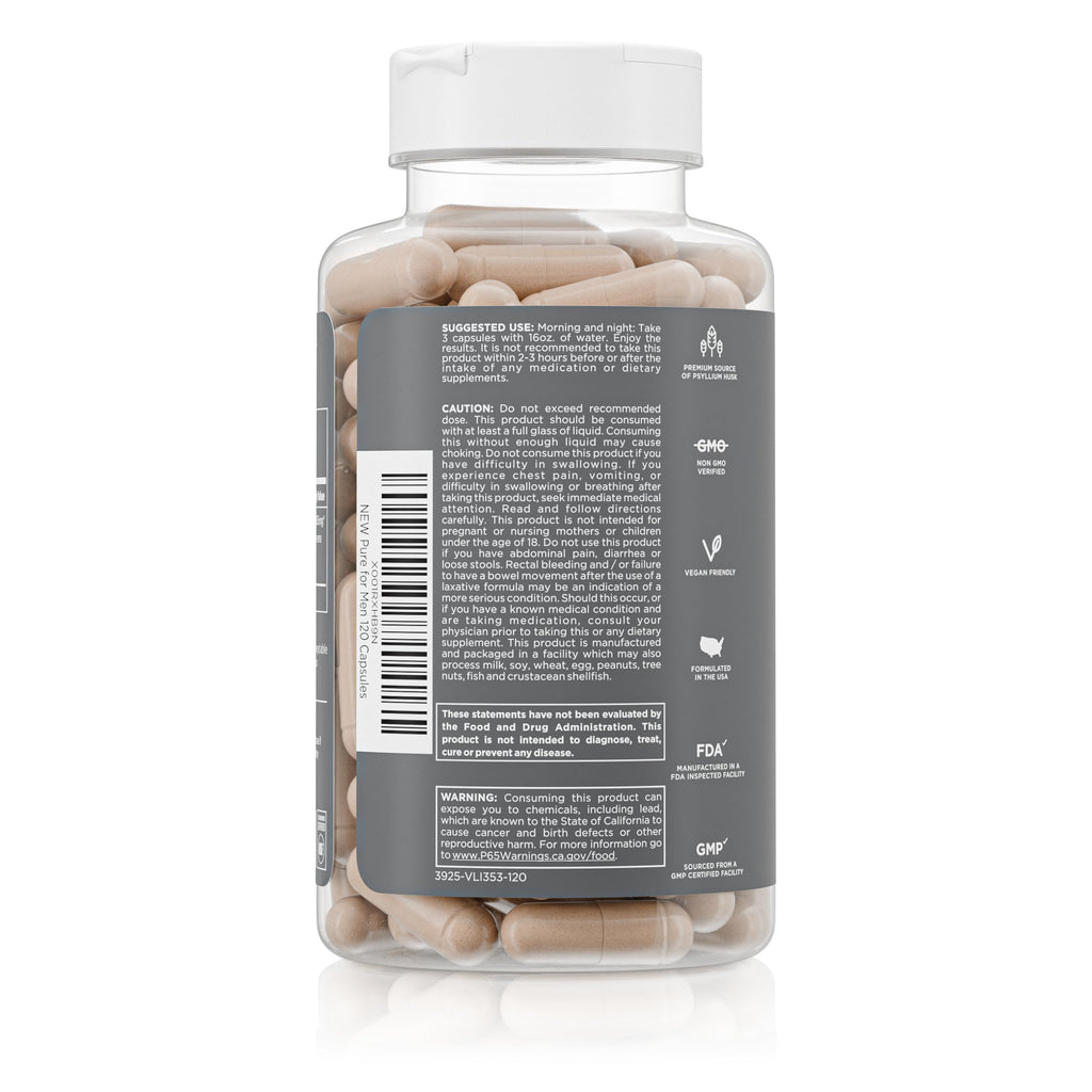 Pure for Men Stay Ready Fiber Supplement Psyllium Husk (120 Vegan Capsules) | Daily Fiber Pills for Men, Psyllium Husk, Aloe Vera, Chia & Flax, Digestive Regularity, Gut Health & Bloating Relief, Vegan