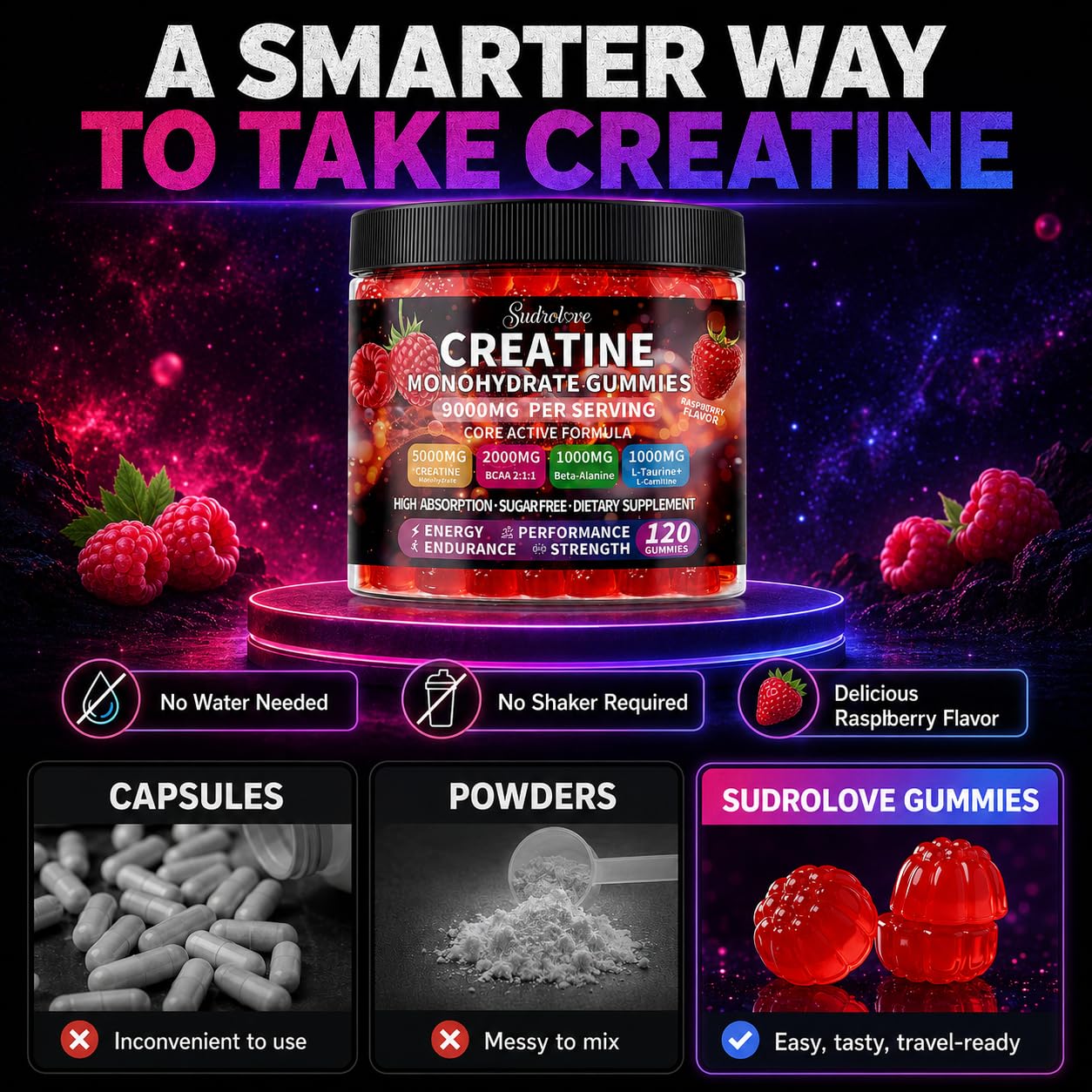 Creatine Monohydrate Gummies 5000mg for Women & Men,120 Count | Blended BCAA, Beta-Alanine, L-Taurine & L-Carnitine Plus B6 B12,Chewable Pre-Workout, Boost Stamina,Ease Muscle Soreness