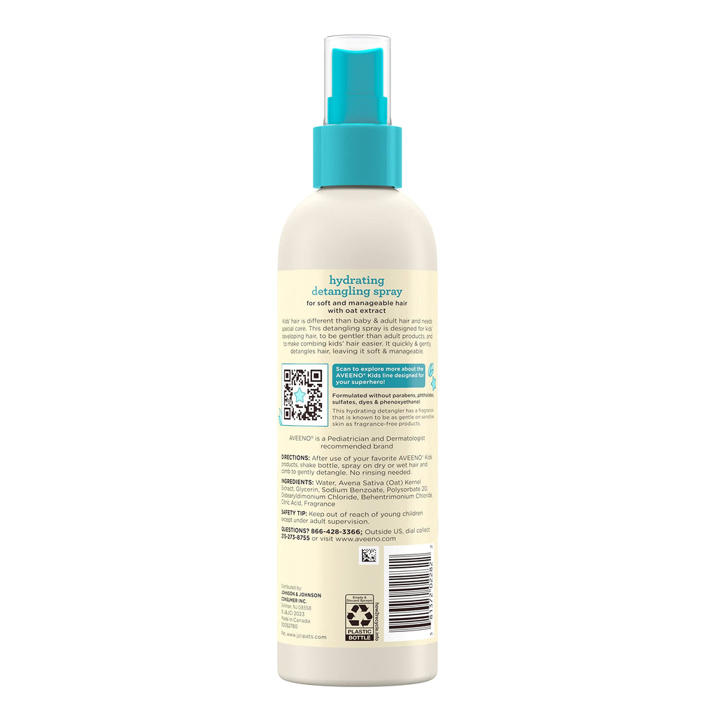 Aveeno Kids Hydrating Hair Detangler Spray, 10 fl. oz | Quickly Detangles Hair, Oat Extract, Tear-Free, Gentle on Sensitive Skin & Scalp