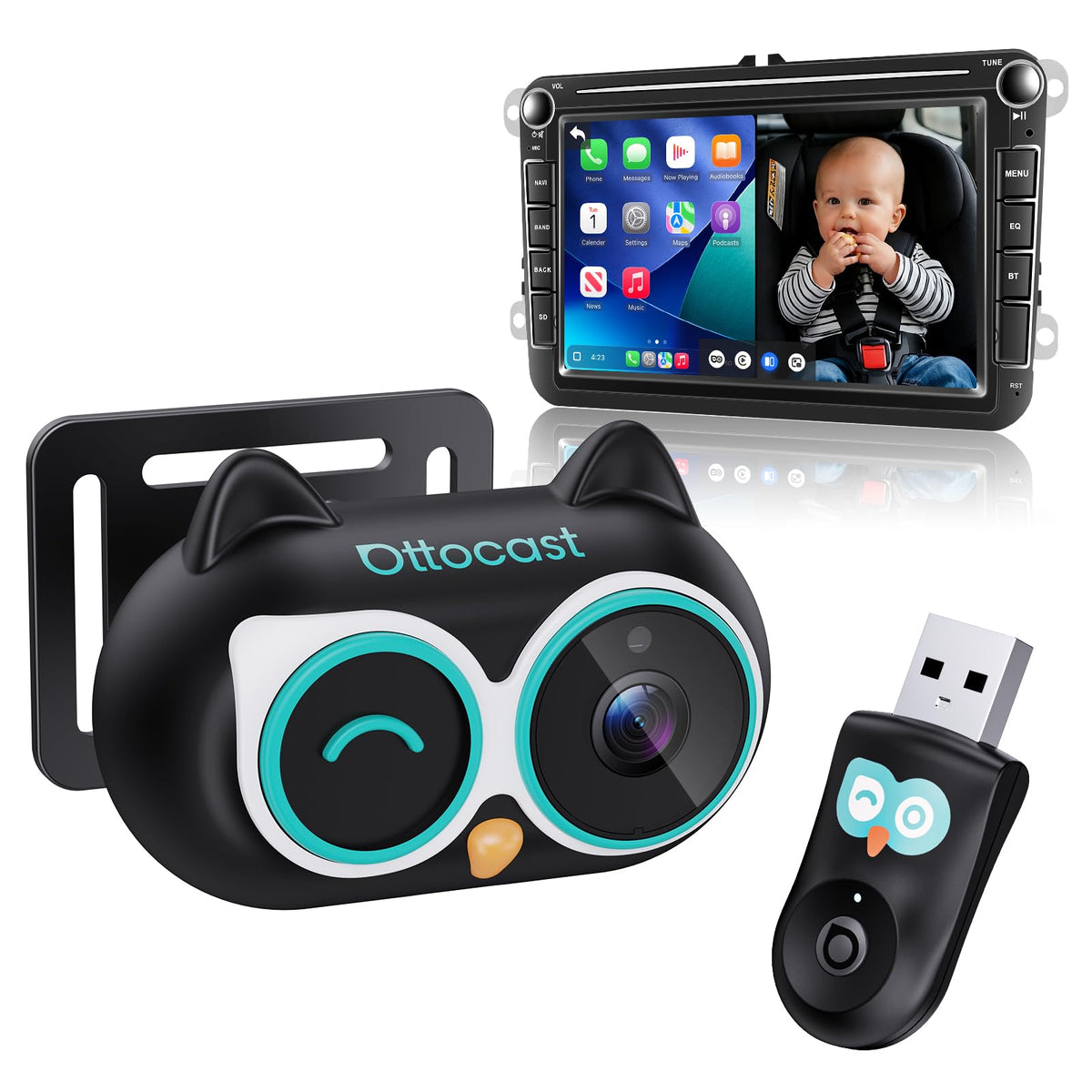 OTTOCAST Cabin Care Baby Camera for Car, 1080P Baby Car Camera with HD Night Vision, Wireless CarPlay Adapter, 150° Wide Angle, Real-Time Rear Seat Monitor