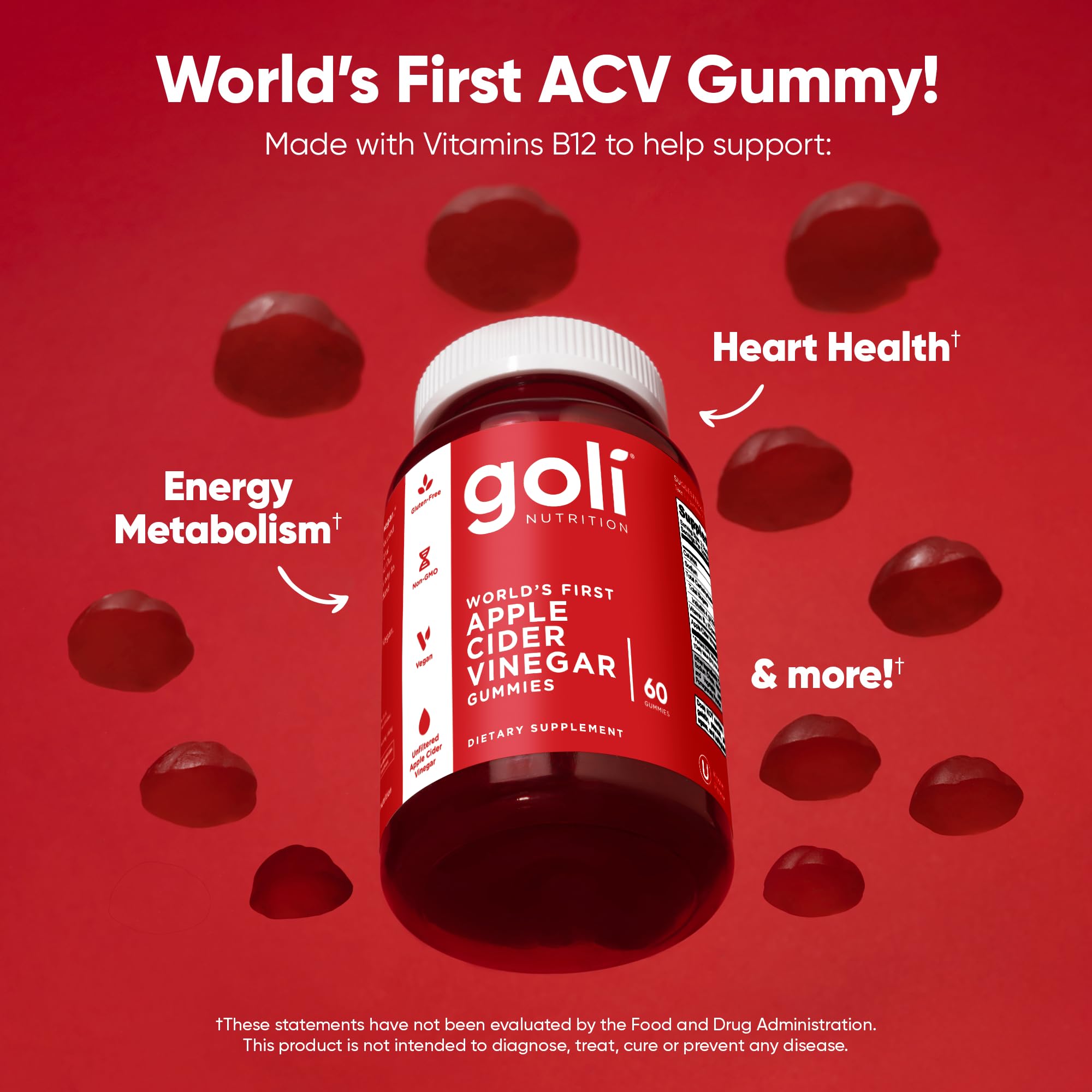 Goli Apple Cider Vinegar Gummies - Worlds First ACV Gummy with Vitamin B12, Beetroot & Pomegranate - Vegan, Non-GMO, Gluten-Free, 120 Count (2 Pack)