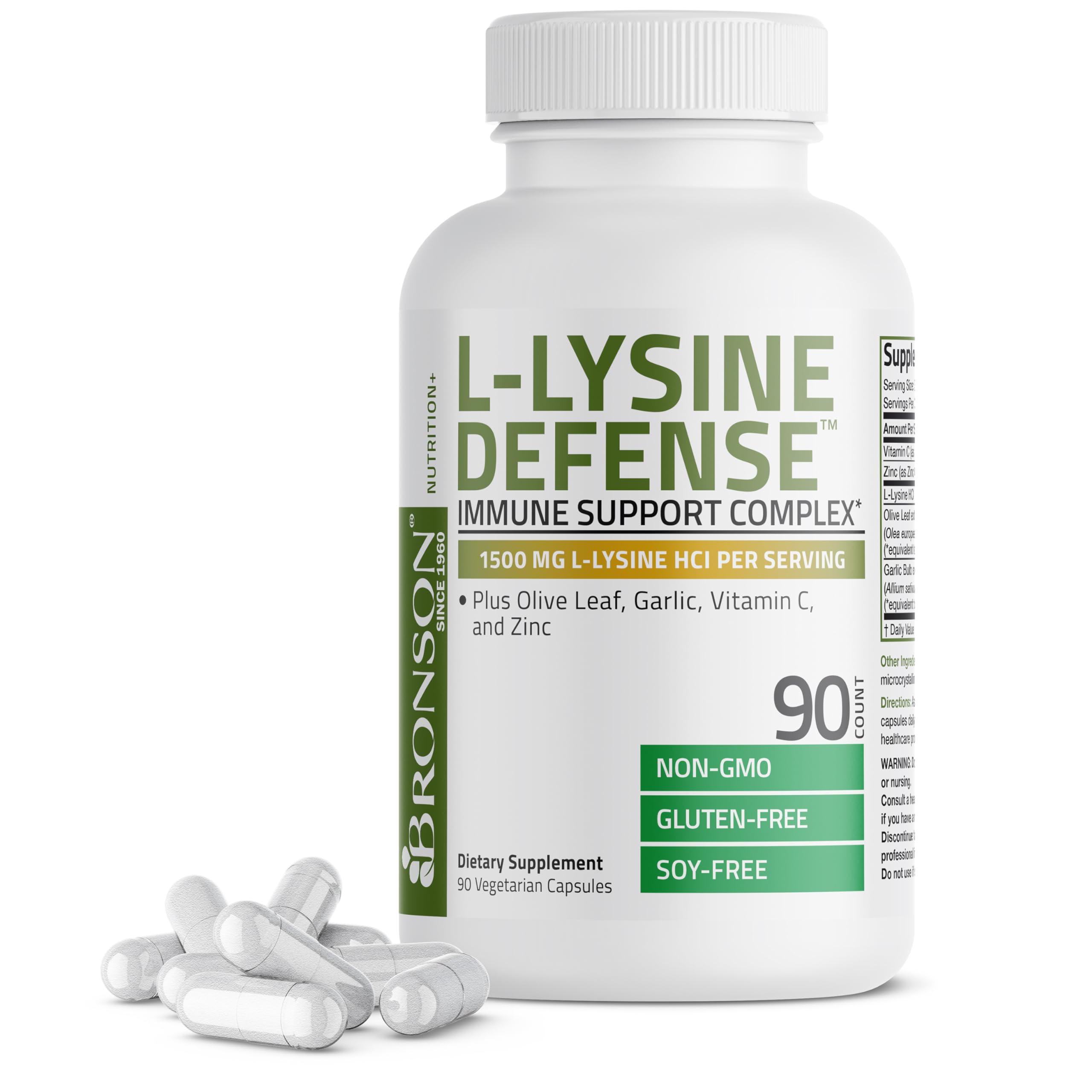 Bronson L-Lysine Defense Immune Support Complex, 1500 mg, 180 Capsules | Essential Amino Acid with Olive Leaf, Garlic, Vitamin C & Zinc, Vegetarian, Non-GMO, Gluten-Free & Soy-Free