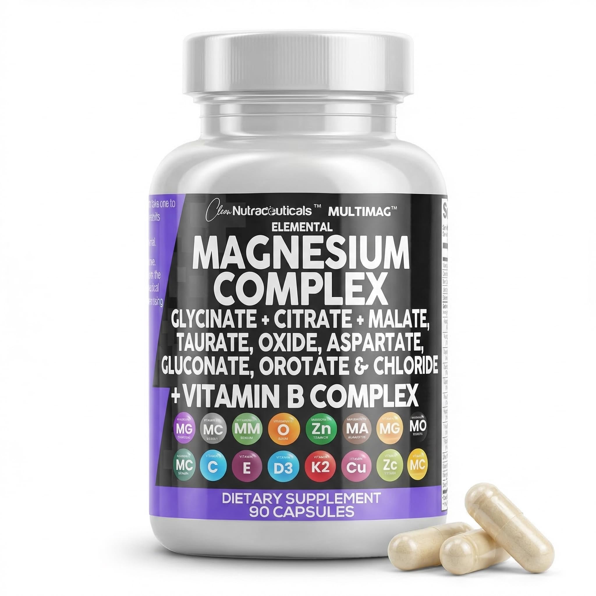 Clean Nutraceuticals Magnesium Complex with Magnesium Glycinate Citrate Malate Oxide Taurate Aspartate Orotate & Mag Chloride, Zinc Copper Manganese (120 Count (Pack of 1))