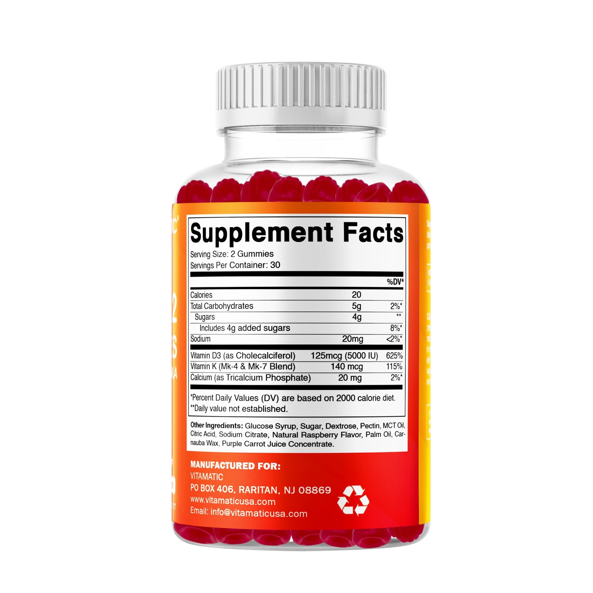 Vitamatic Vitamin D3 + K2 Gummies 60 Count | D-3 5000 IU + Vitamin K 140mcg for Bone Heart & Immune Support, Pectin-Based, Non-GMO, Gluten-Free