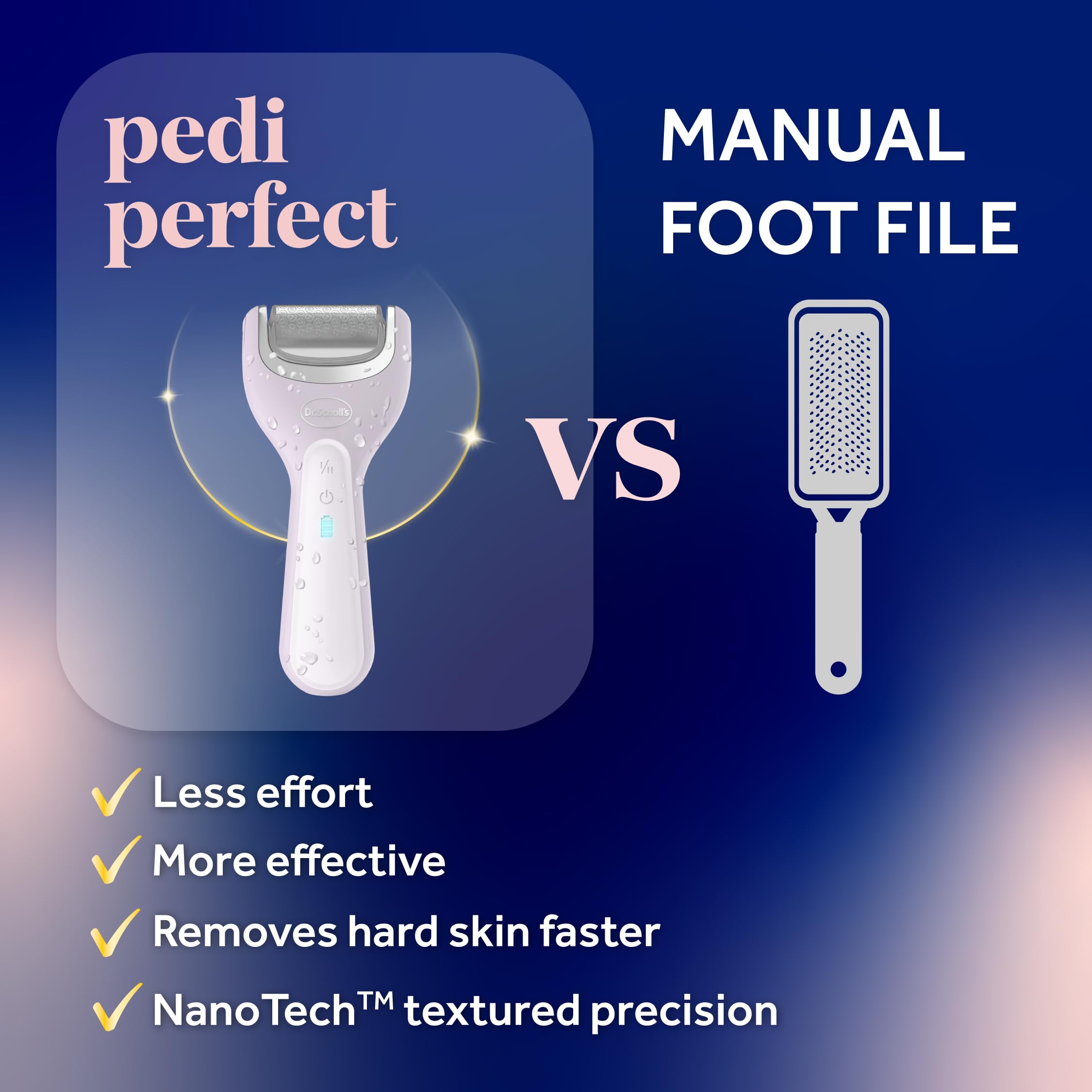 Dr. Scholl's Pedi Perfect Electric Foot Callus Remover, Waterproof, Rechargeable with x2 Roller Heads, Removes Hard Skin for Soft Beautiful Feet, 90 Minute Run Time, Dust Catcher, Pedicure Tools