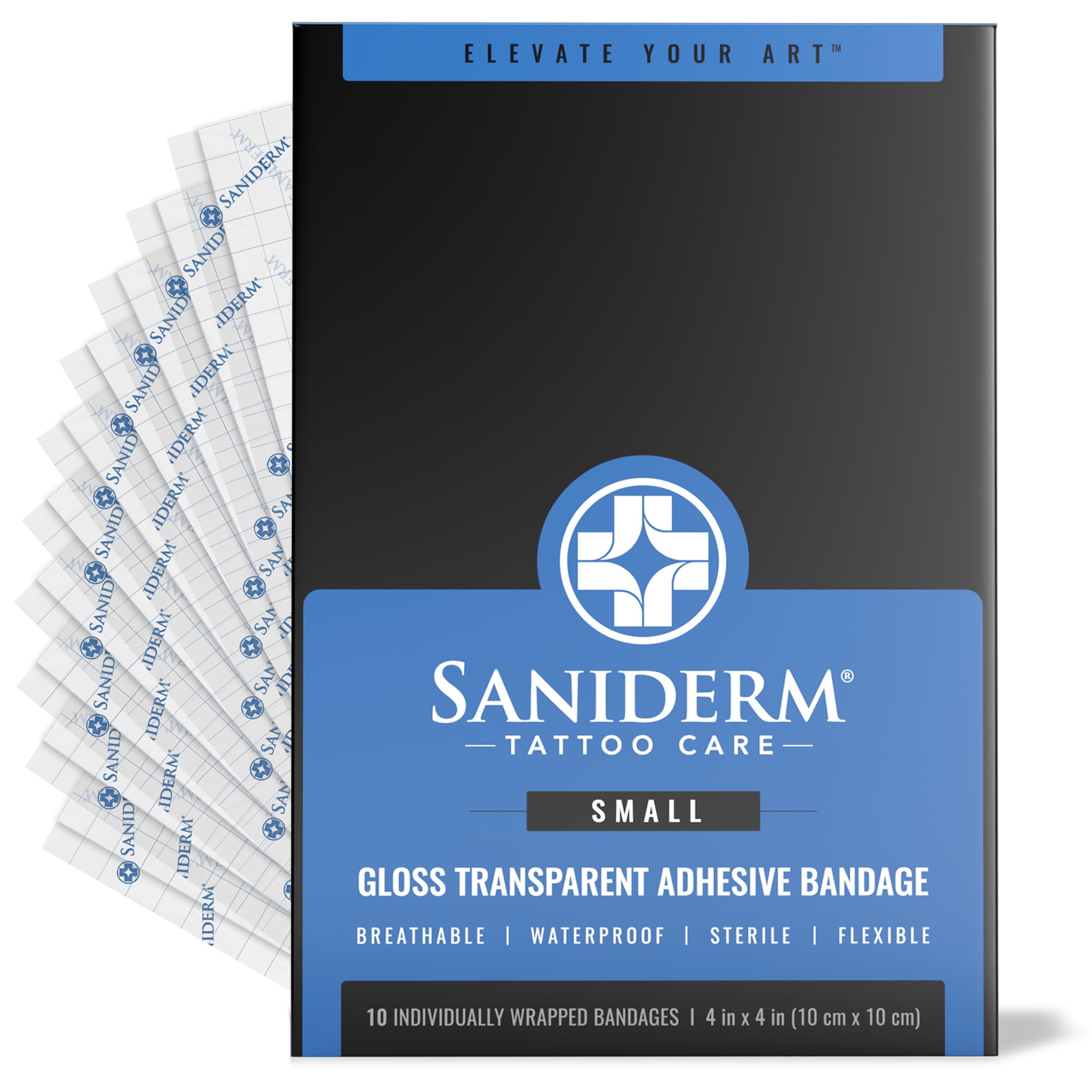 Saniderm - Tattoo Aftercare Bandage 10 Sheets - 4 x 4 Inch Small Pack | Contains Waterproof, Sterile, Latex-Free Bandage Sheets and Medical-Grade Tattoo Aftercare Film for Fresh Ink Protection.
