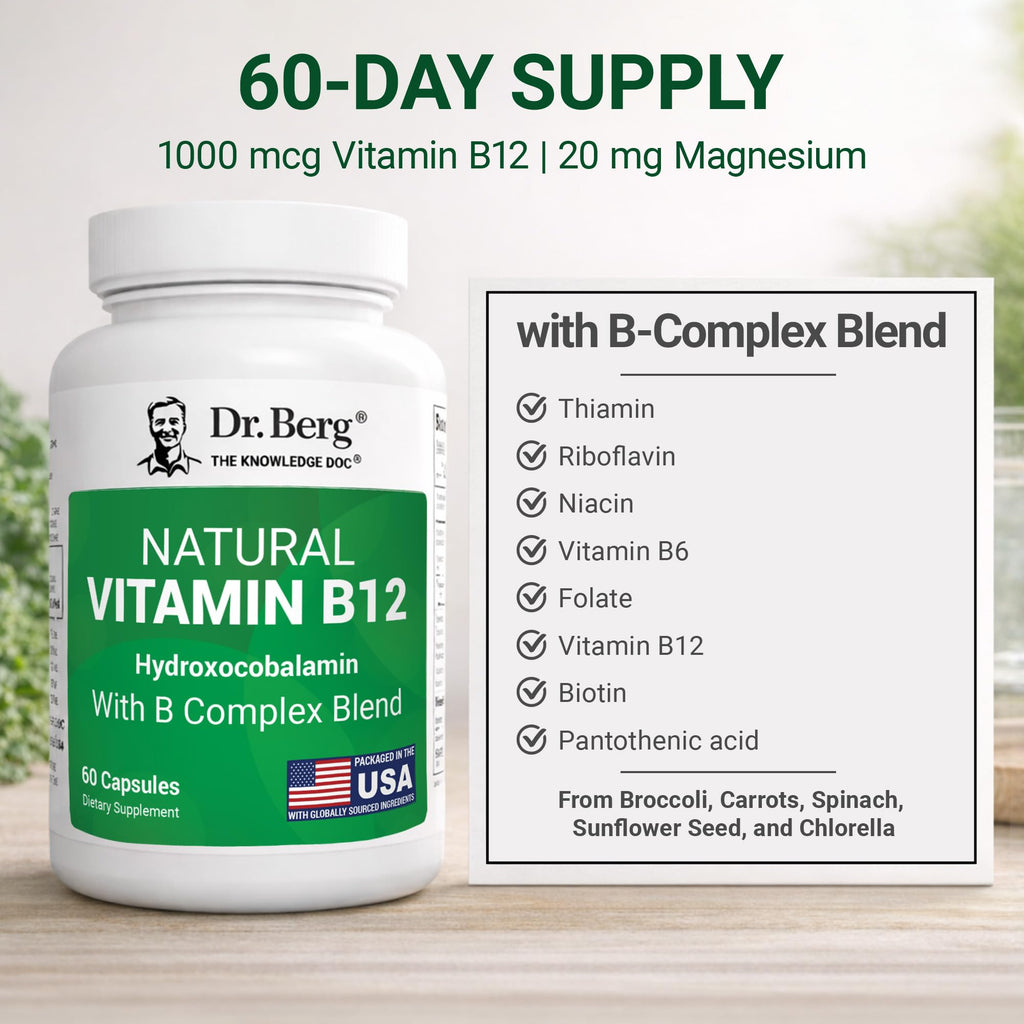 Dr. Berg Natural Vitamin B12 1000 mcg (Hydroxocobalamin) 60 Capsules – Energy, Brain & Nervous System Support* – w/B-Complex + Magnesium – 4X Lab Tested, GMO-Free, No Fillers