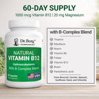 Dr. Berg Natural Vitamin B12 1000 mcg (Hydroxocobalamin) 60 Capsules – Energy, Brain & Nervous System Support* – w/B-Complex + Magnesium – 4X Lab Tested, GMO-Free, No Fillers