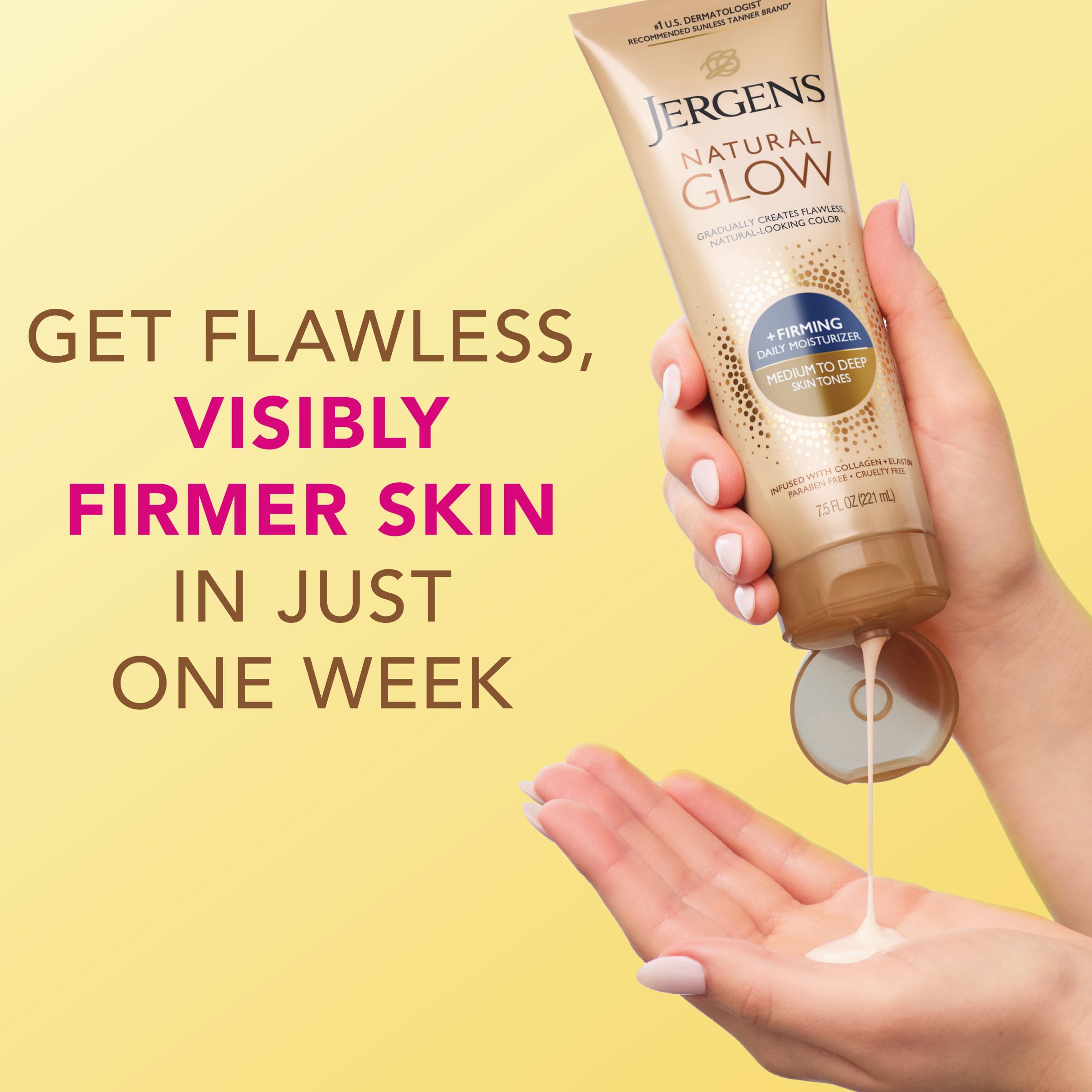 Jergens Natural Glow + Firming Daily Moisturizer Medium to Tan Skin Tones 7.5oz | Gradual Sunless Tanner, Collagen and Elastin, Firms Skin, Reduces Cellulite, Daily Moisturizer, Medium to Deep Skin Tone