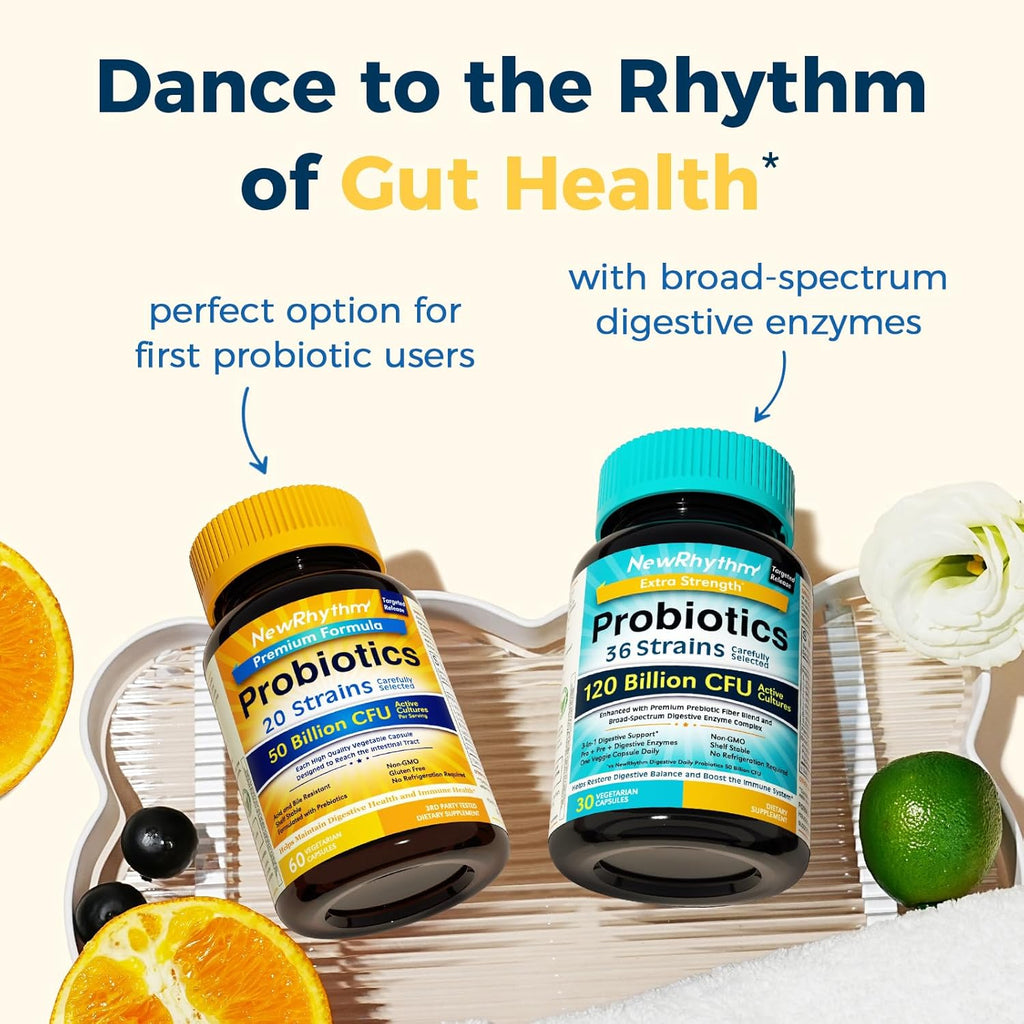 Buy now NewRhythm Probiotics 50 Billion CFU 20 Strains, 60 Veggie Capsules, Targeted Release Technology, Stomach Acid Resistant, No Need for Refrigeration, Non-GMO, Gluten Free at indiglob india