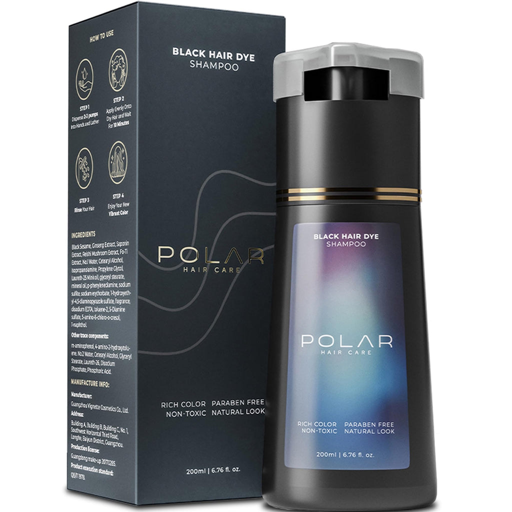 Polar Hair Dye Shampoo | Jet Black Hair Dye Color Shampoo for Gray Coverage | Hair color shampoo for gray hair coverage; jet black shampoo hair dye, vegan, ammonia-free, easy 10-minute use, 6.76 fl oz