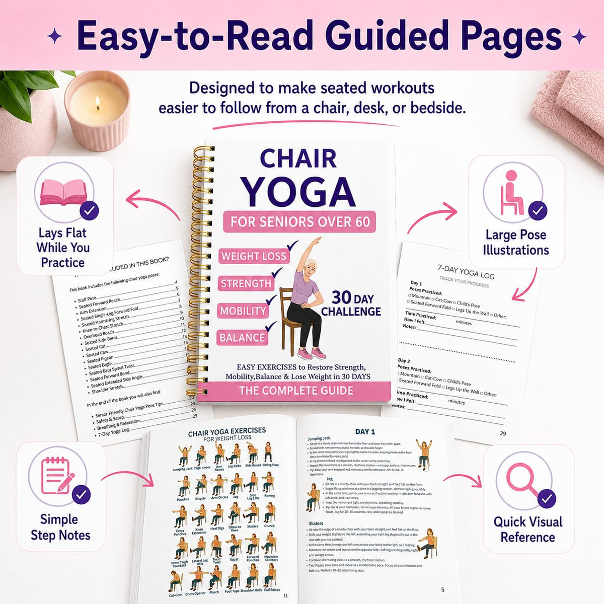 Chair Yoga For Seniors Over 60 Book & Chart,30-Day Beginner Challenge with 54-Page Spiral Bound Exercise Guide,Senior Fitness Planner for Weight Loss,Toning,Flexibility and Daily Workouts,Pink