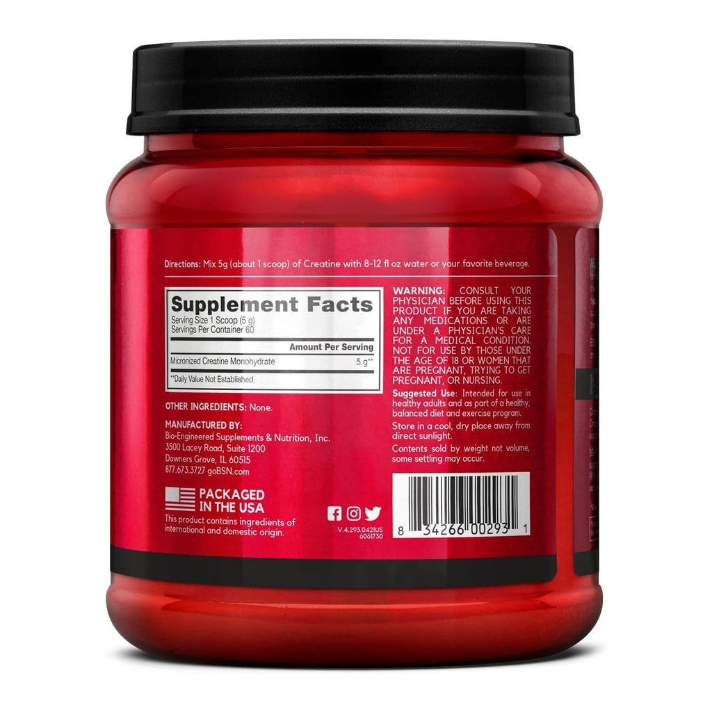 BSN Micronized Creatine Monohydrate Powder, 5g per Serving, 60 Servings | Micronized Creatine Monohydrate for Muscle Building and Strength, 5000mg per Serving, Unflavored Powder