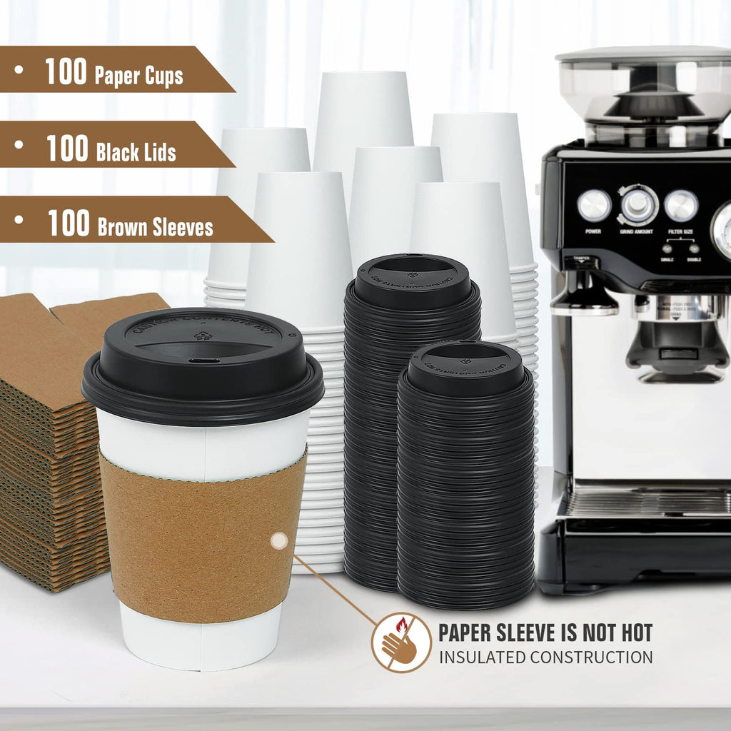 Ginkgo 100 Pack 12 oz Thickened Coffee Cups with Lids and Sleeves