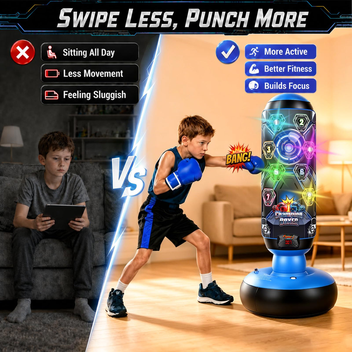 Punching Bag for Kids, Cyberpunk Boxing Set with LED Scoring