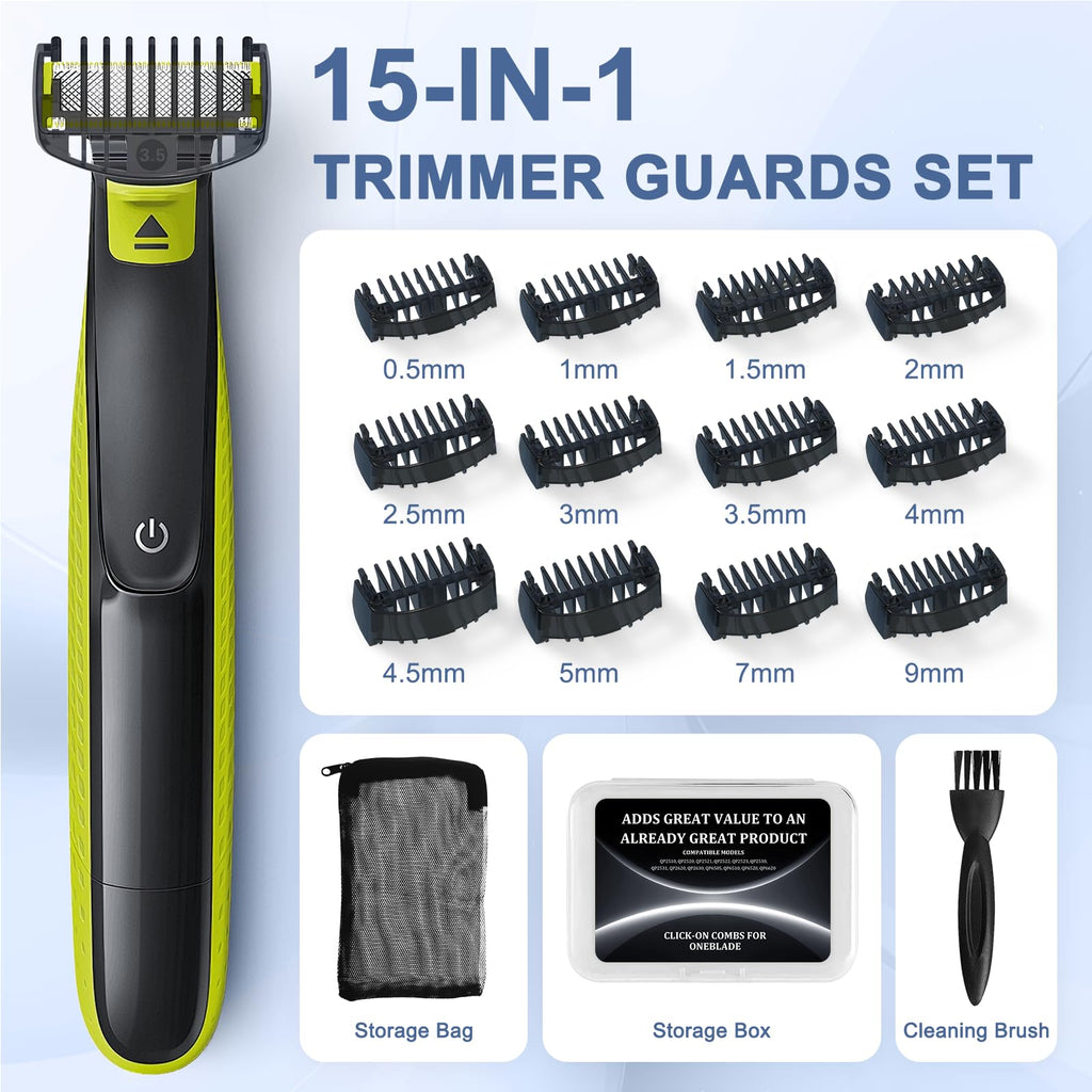 Guards Guide Comb Set - 0.5/1/1.5/2/2.5/3/3.5/4/4.5/5/7/9mm for Norelco Trimmer, Compatible with Obalde QP2724/QP2834/QP2520/30, QP2620, Comb Attachments with Cleaning Brush and Storage Bag