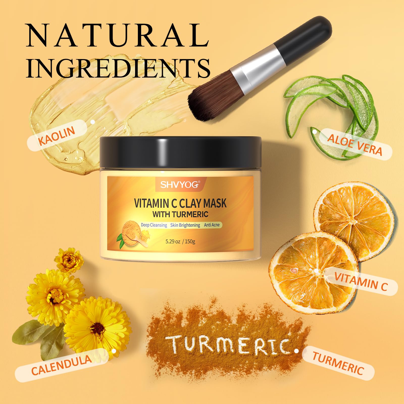 SHVYOG Turmeric Vitamin C Clay Mask with Kaolin Clay for Dull & Blemish-Prone Skin, Deep Cleansing Facial Mask, Face Masks Skincare for Controlling Oil and Refining Pores 5.29 Oz 150g