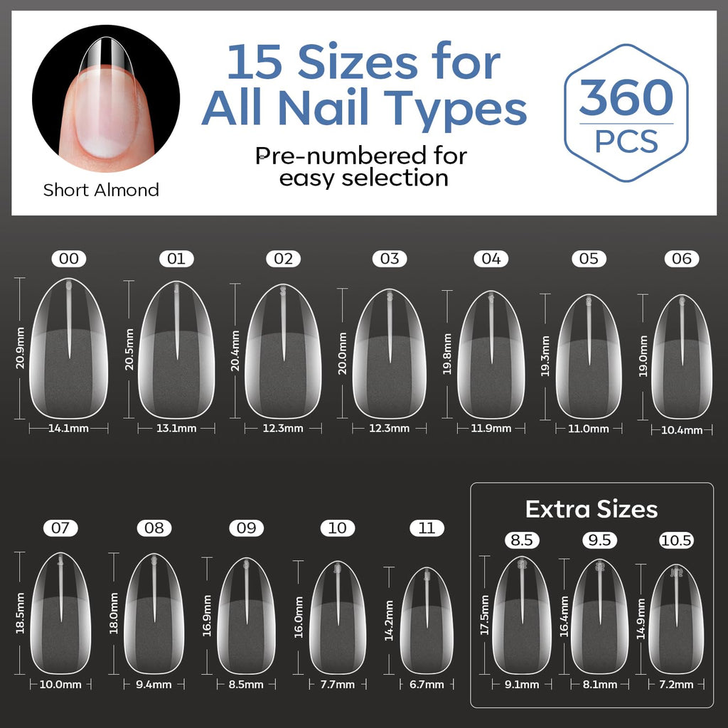 Modelones authentic short almond nail tips set includes 360 pieces in 15 pre-numbered sizes for easy selection.