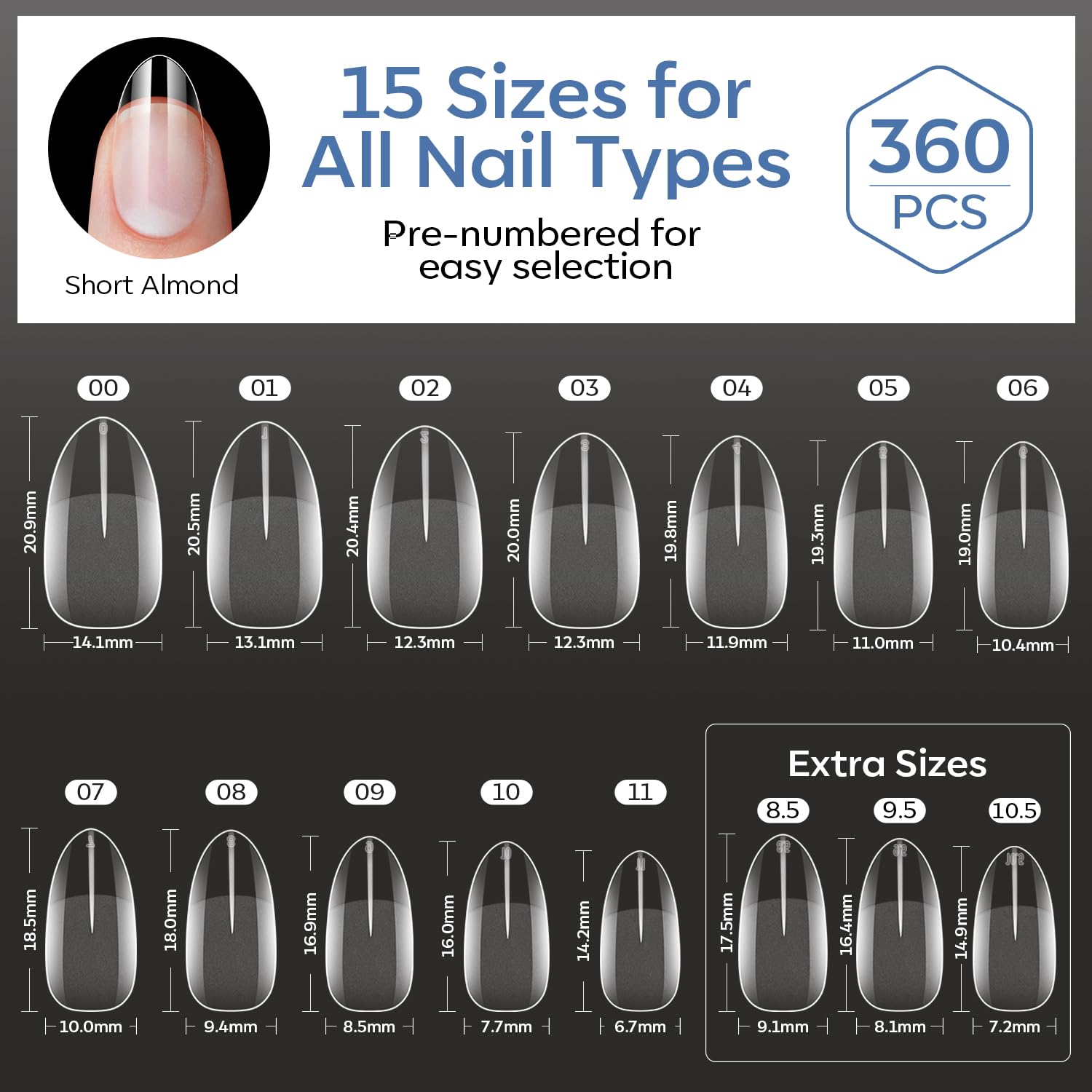 Modelones authentic short almond nail tips set includes 360 pieces in 15 pre-numbered sizes for easy selection.